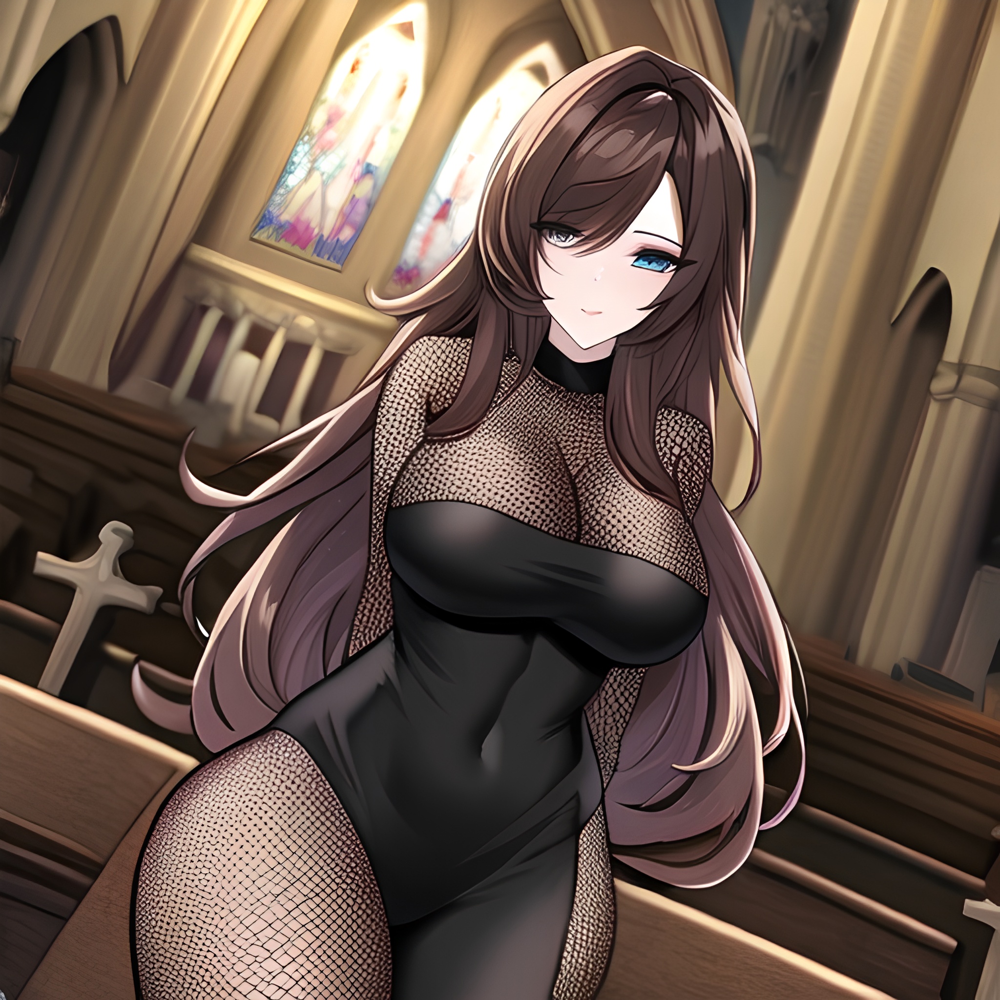 woman fishnet church messy hair brunette long hair 