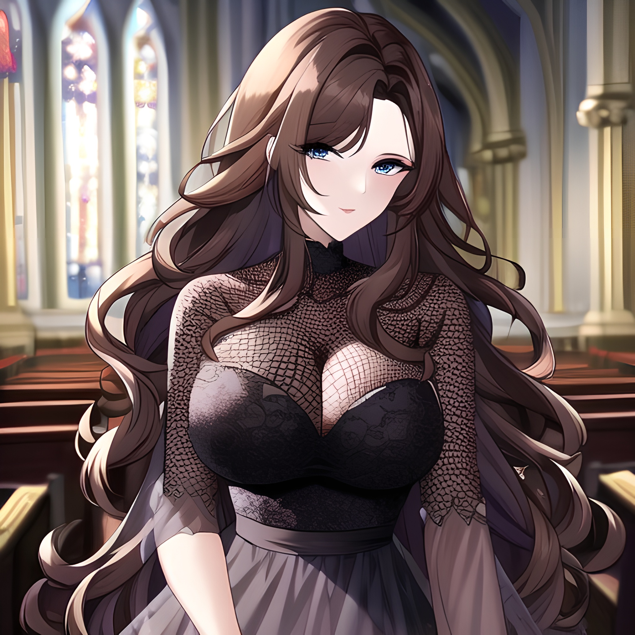 woman fishnet church messy hair brunette long hair 