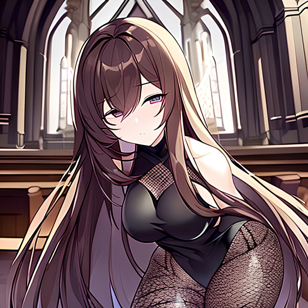 woman fishnet church messy hair brunette long hair 