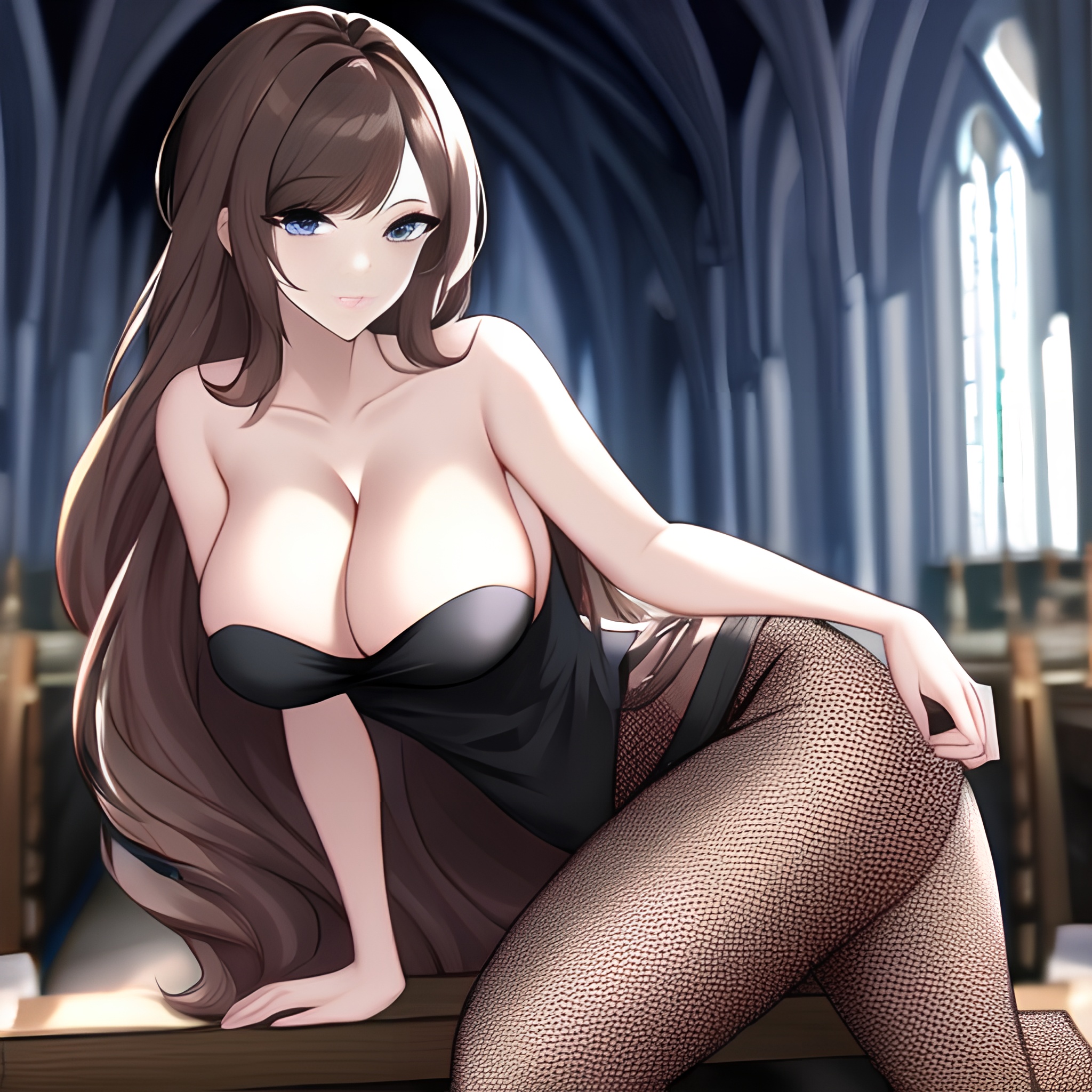 woman fishnet church messy hair brunette long hair 