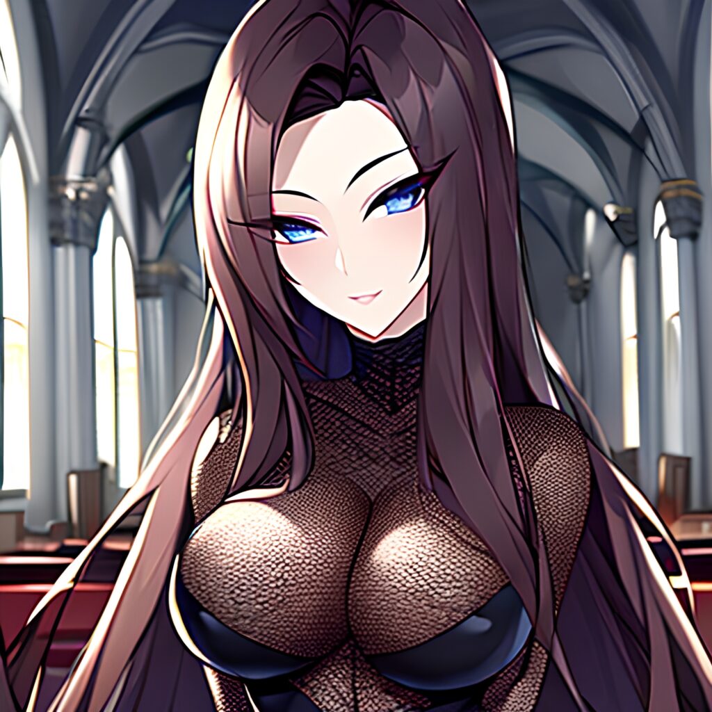 woman fishnet church messy hair brunette long hair 