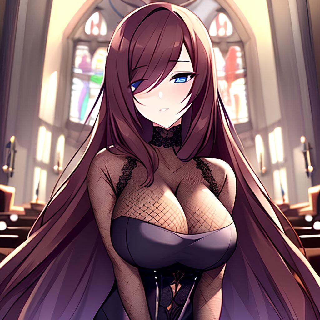 woman fishnet church messy hair brunette long hair 