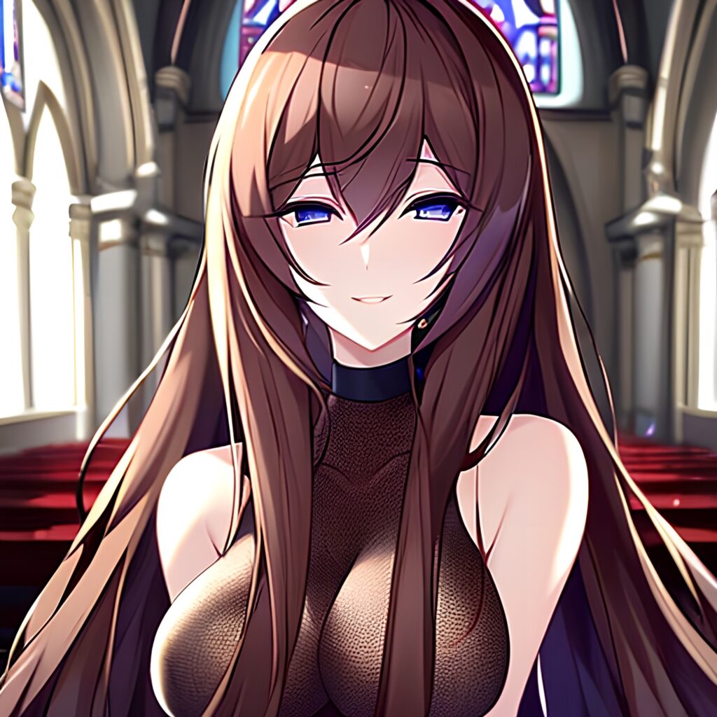 woman fishnet church messy hair long hair brunette 