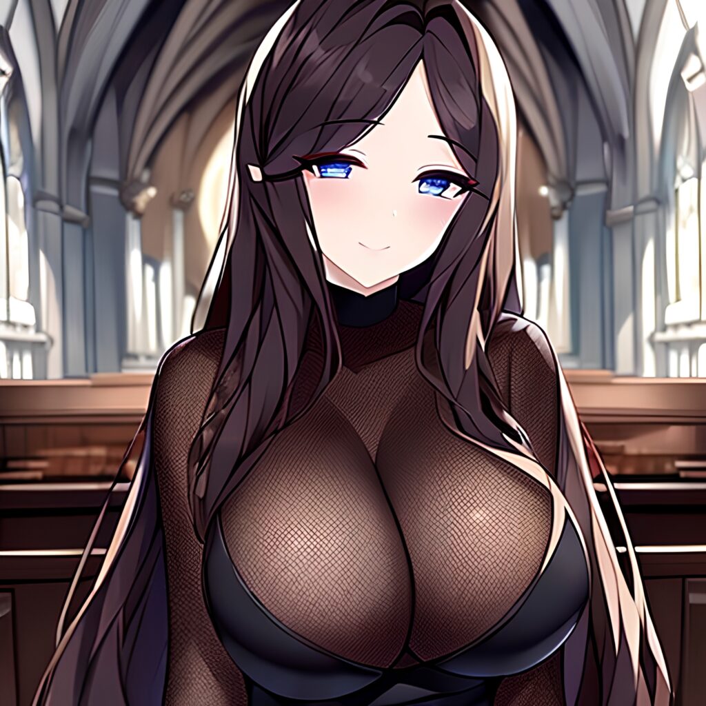 woman fishnet church messy hair long hair brunette
