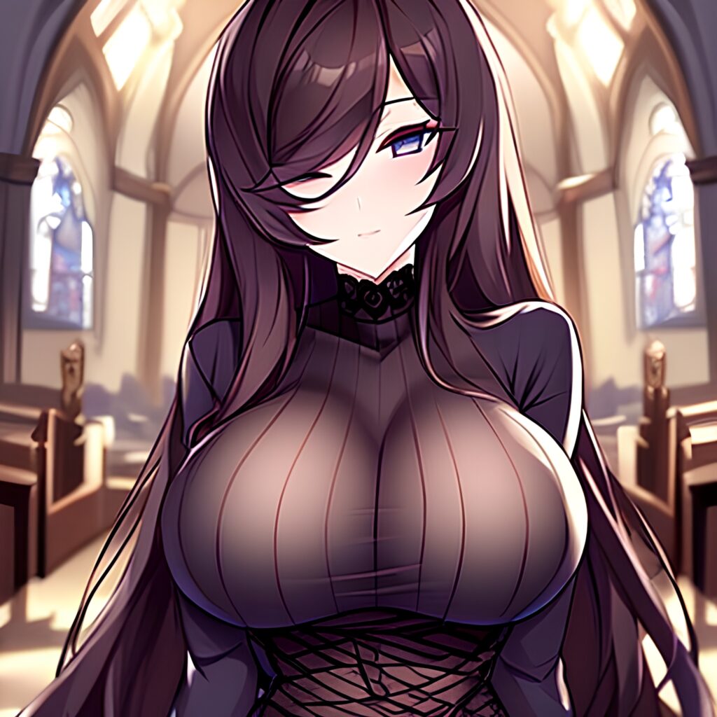 woman fishnet church messy hair long hair brunette 