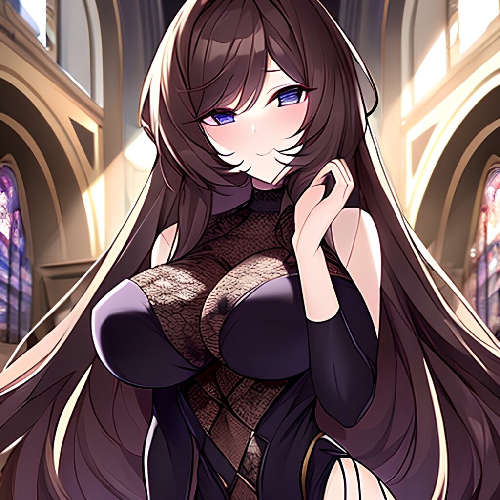 woman fishnet church messy hair long hair brunette 