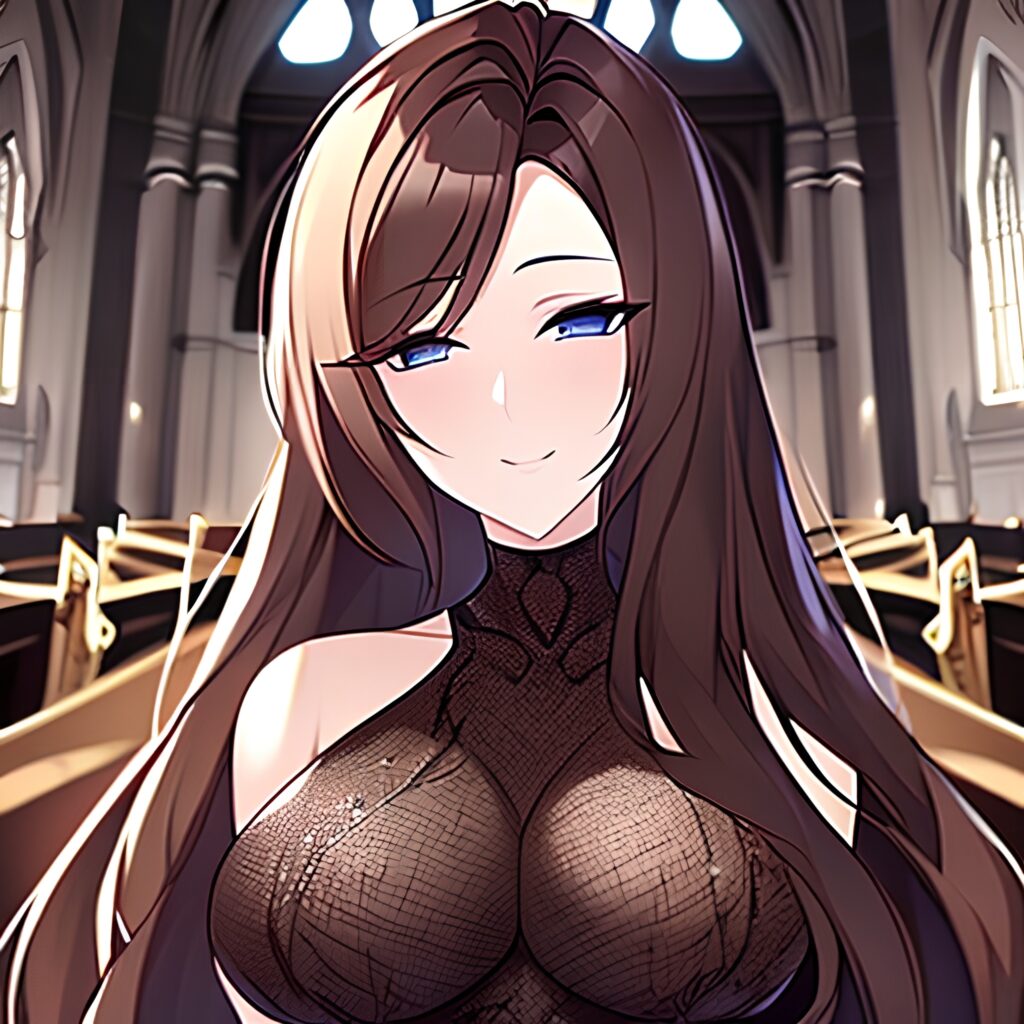 woman fishnet church messy hair long hair brunette