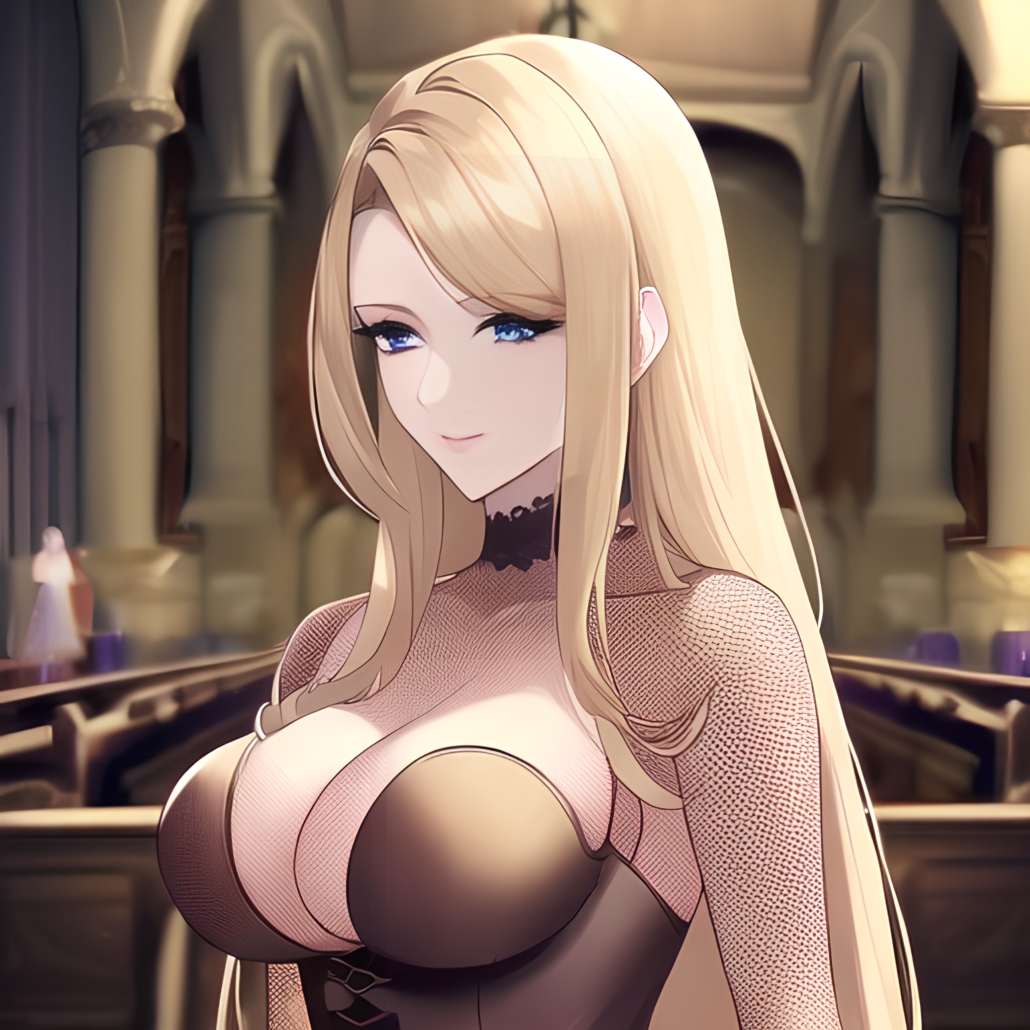 woman fishnet church nude blonde long hair small boobs front view 