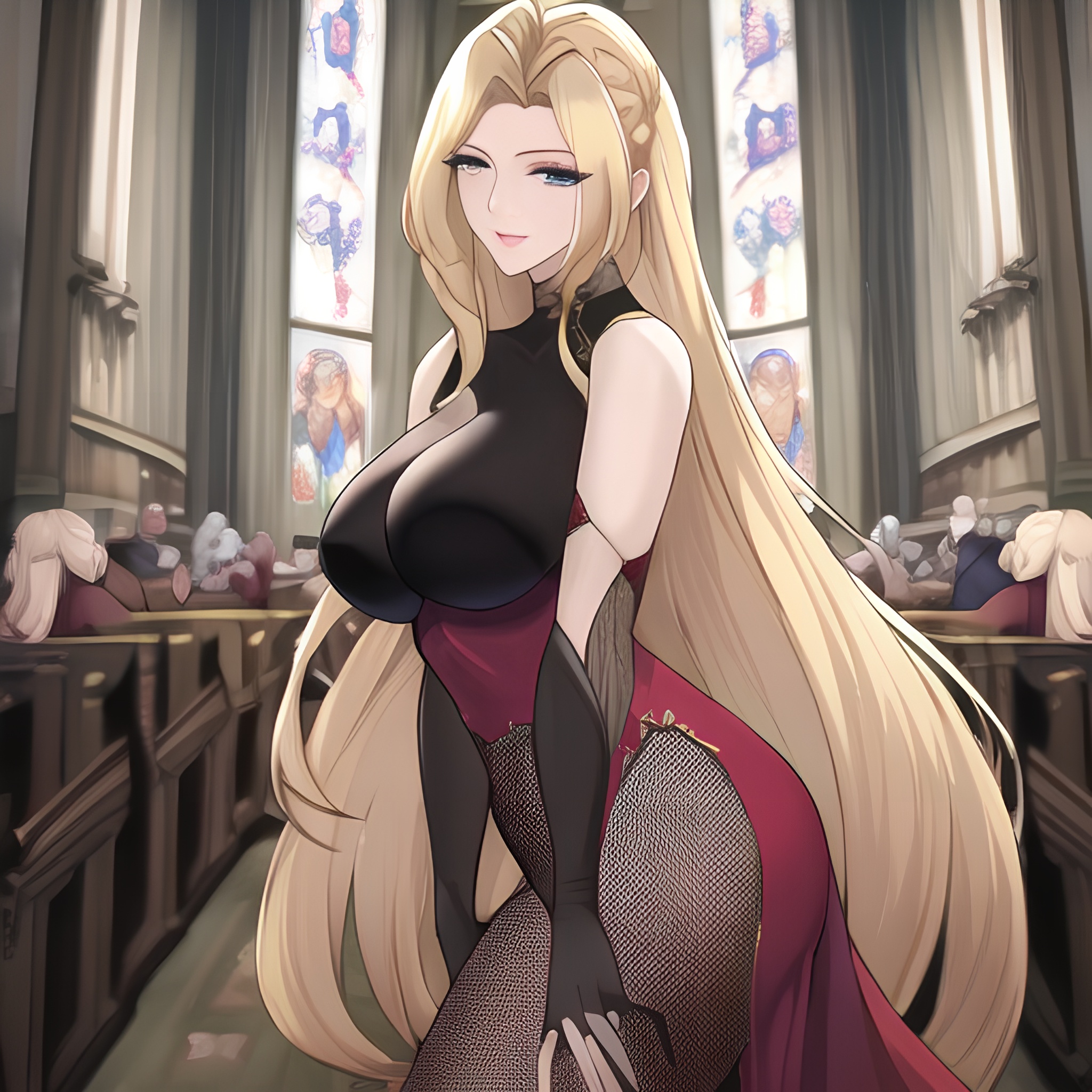 woman fishnet church small boobs blonde front view long hair nude 