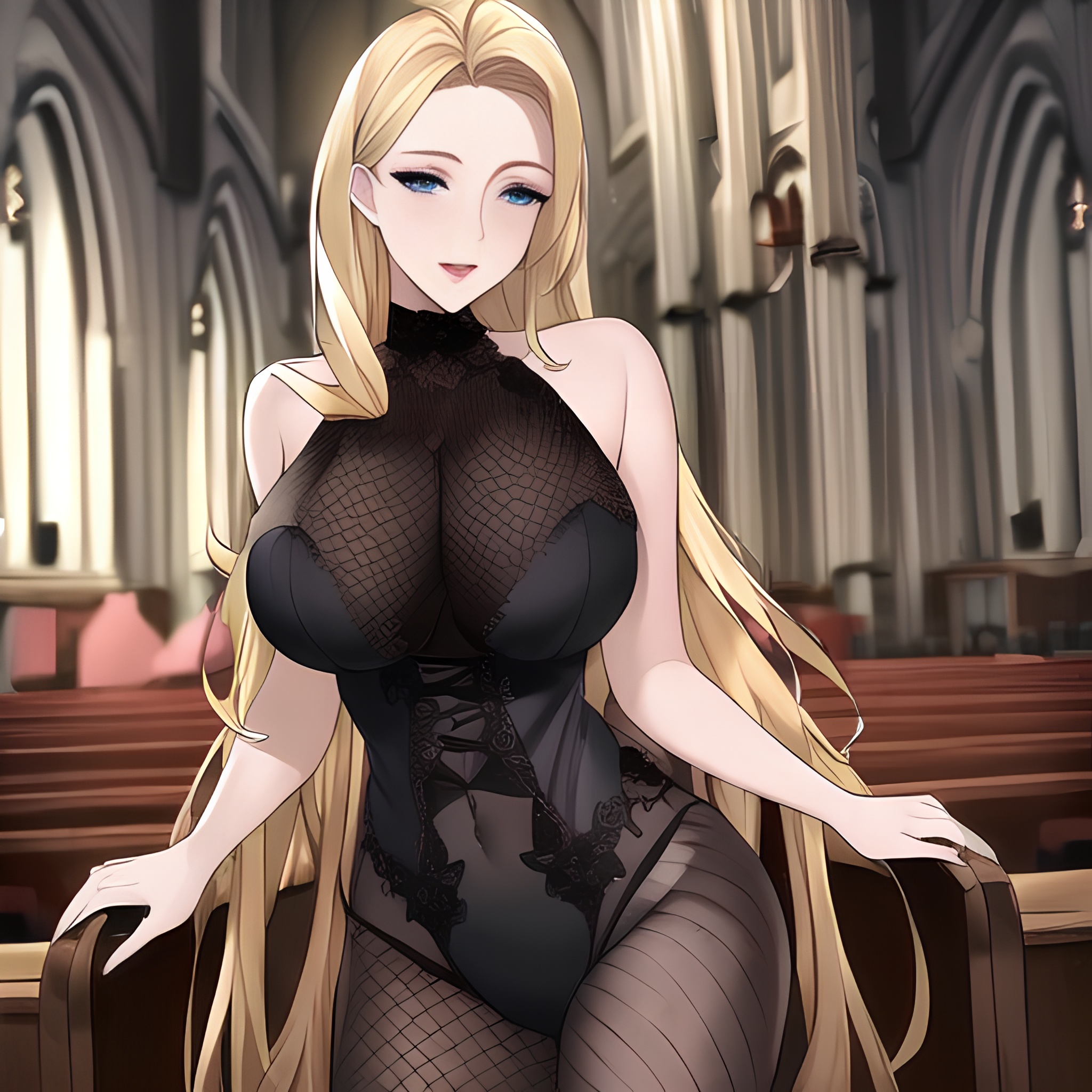 woman fishnet church small boobs front view blonde long hair nude 