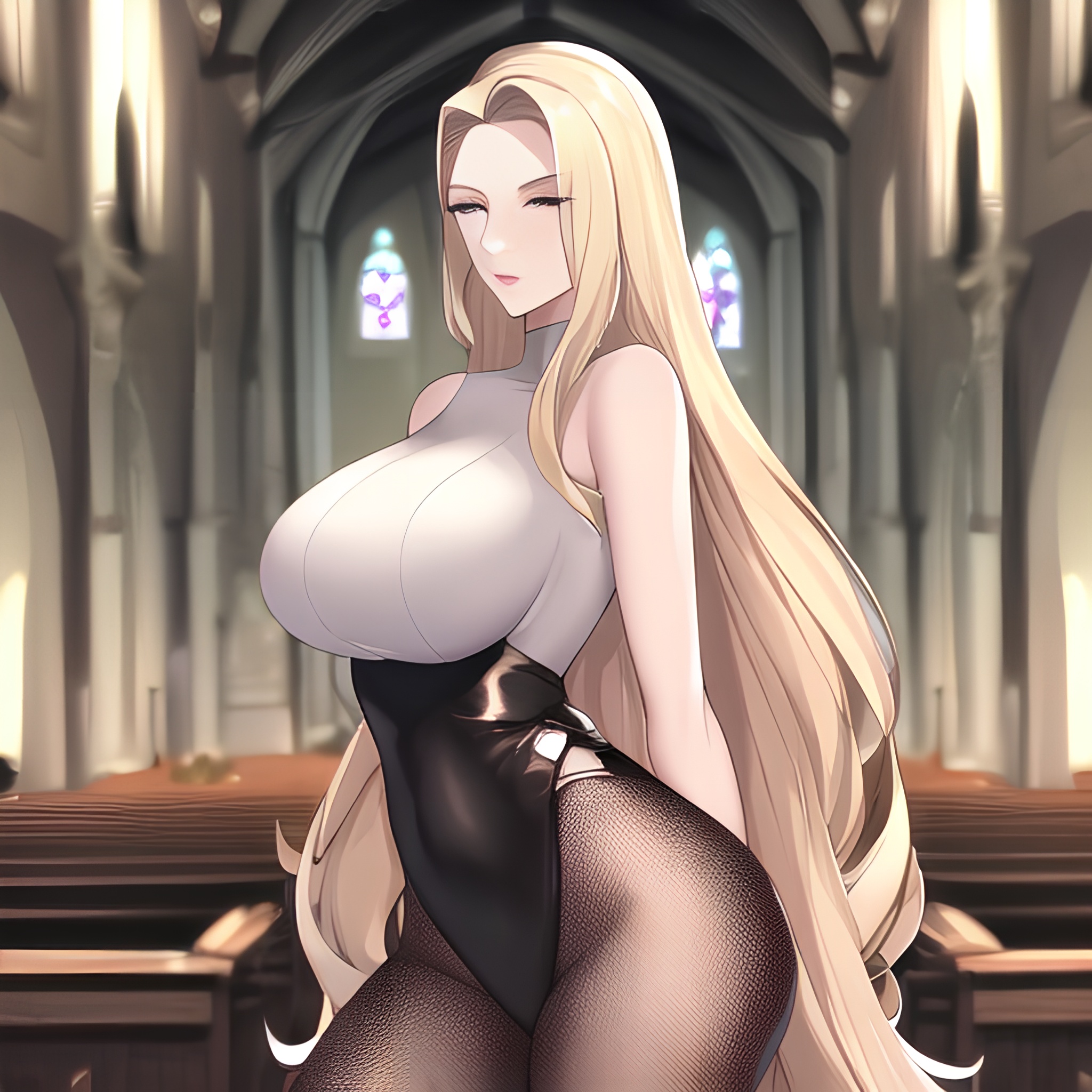 woman fishnet front view long hair blonde nude church small boobs 