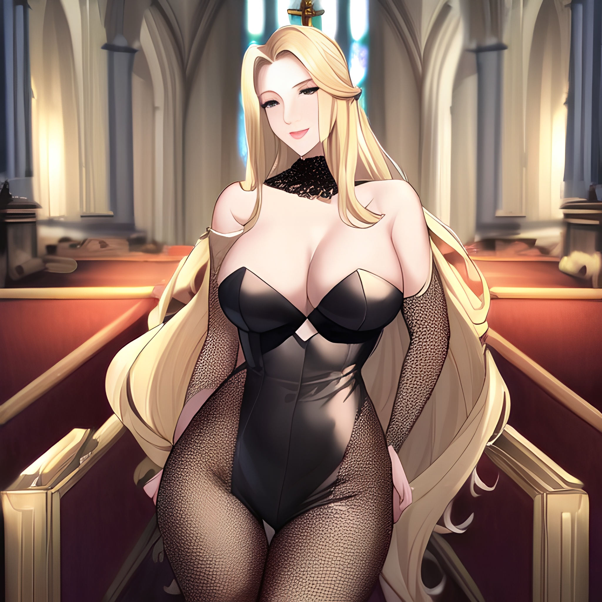 woman fishnet front view small boobs long hair church blonde nude 