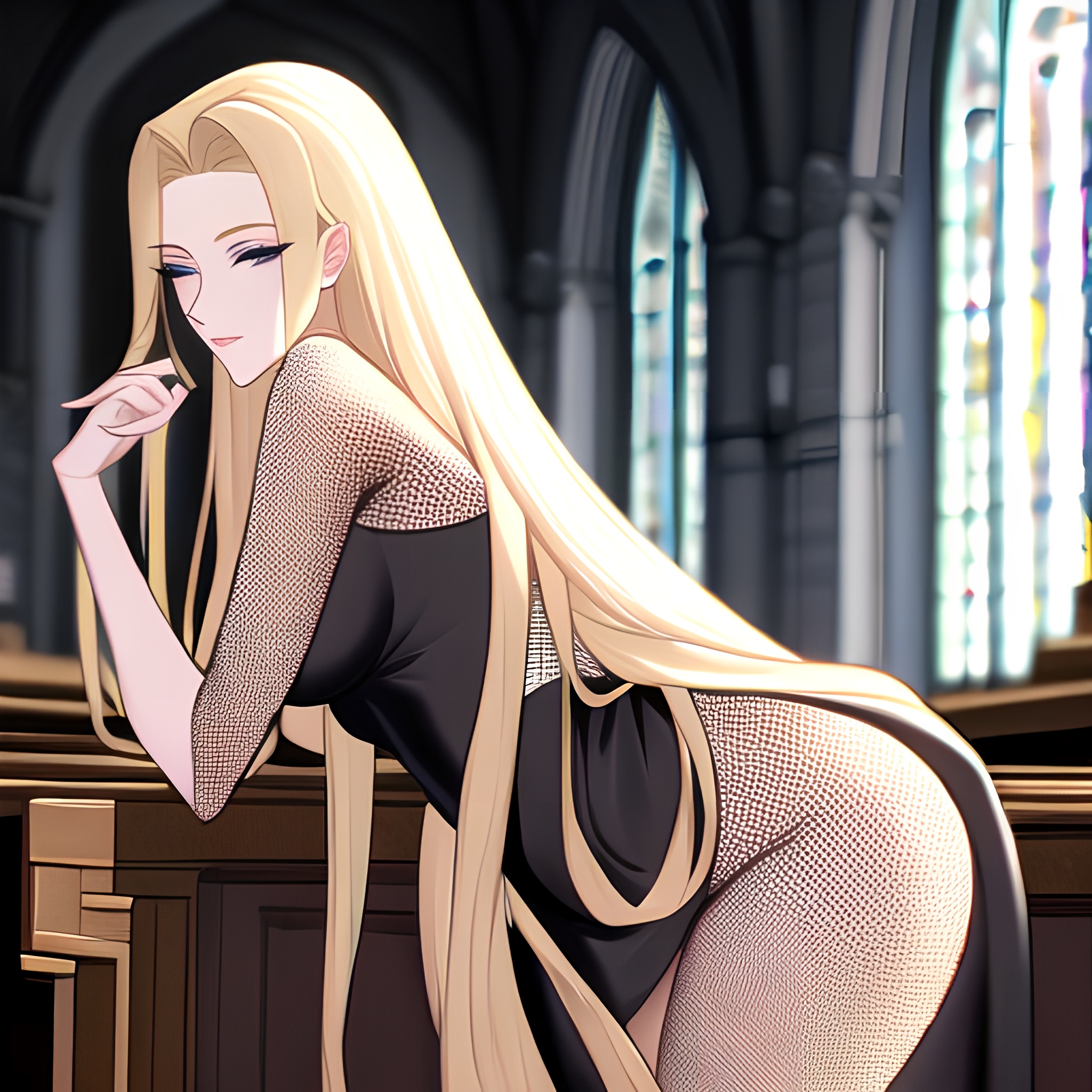 woman fishnet long hair blonde church