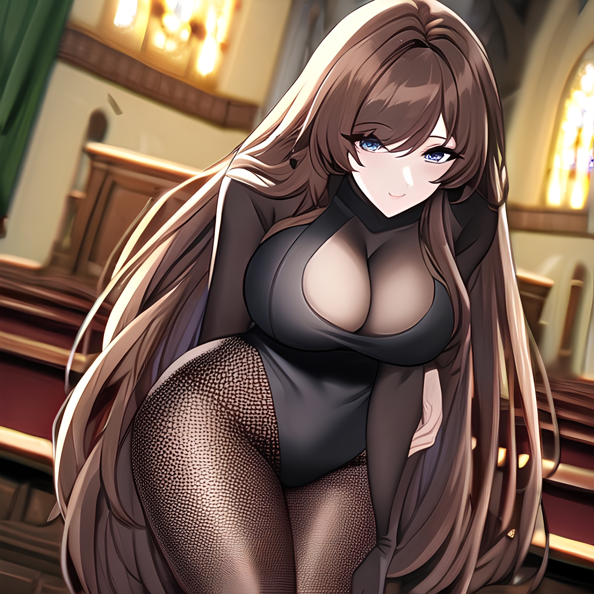 woman fishnet long hair brunette messy hair church