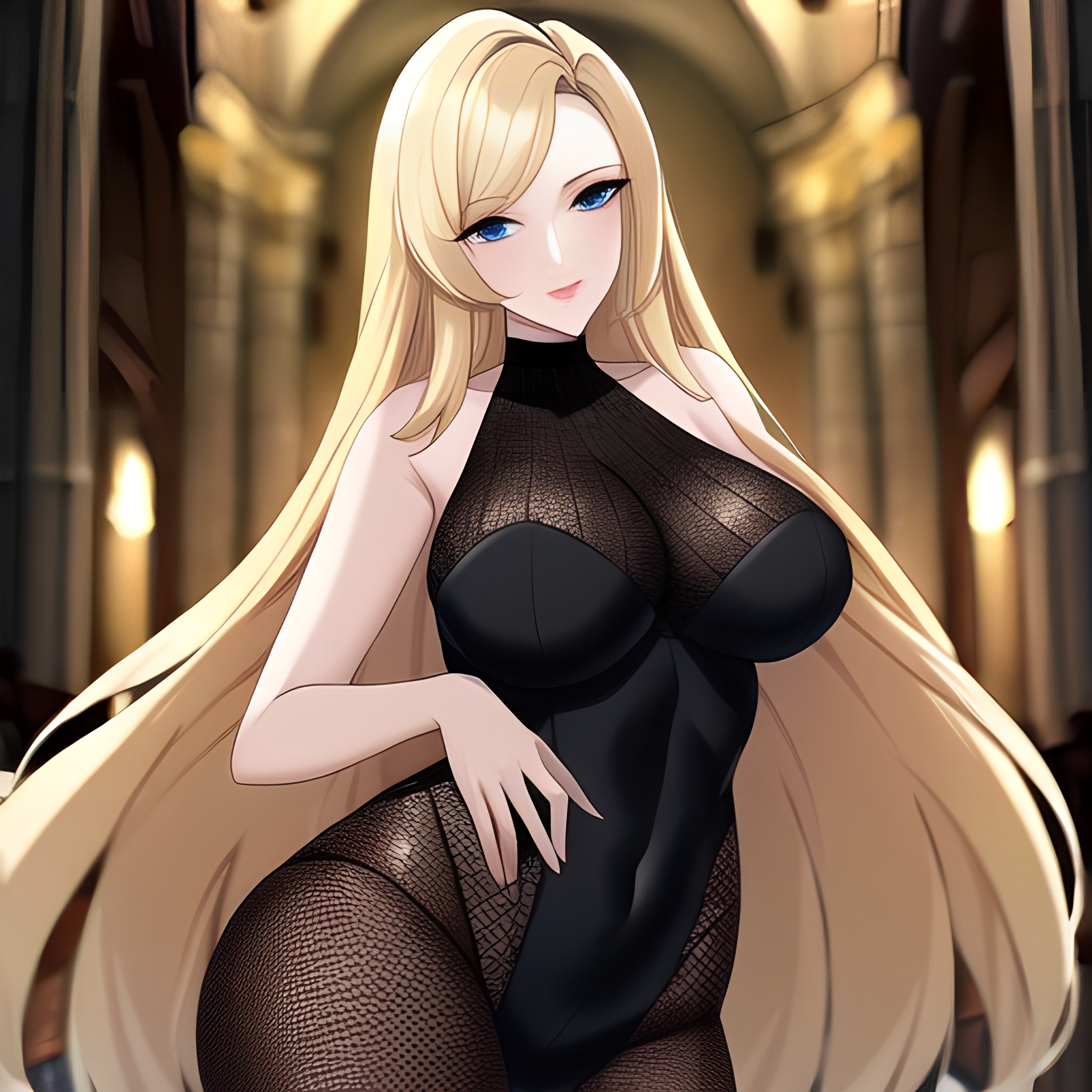 woman fishnet long hair church blonde 