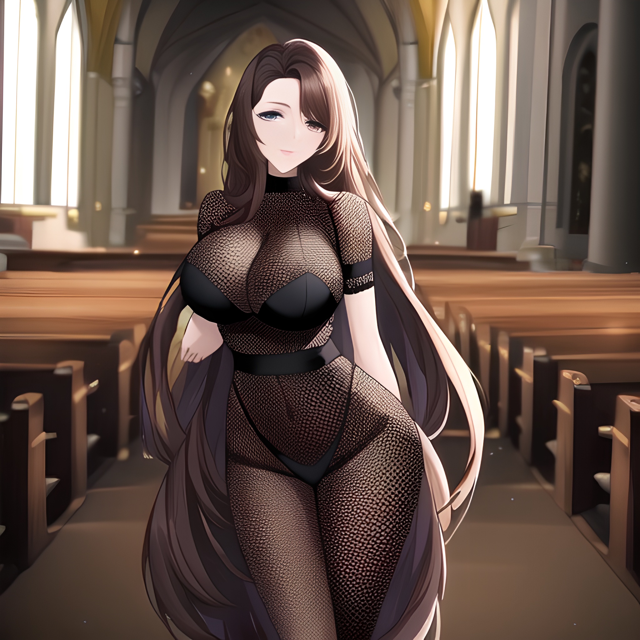 woman fishnet long hair church brunette messy hair