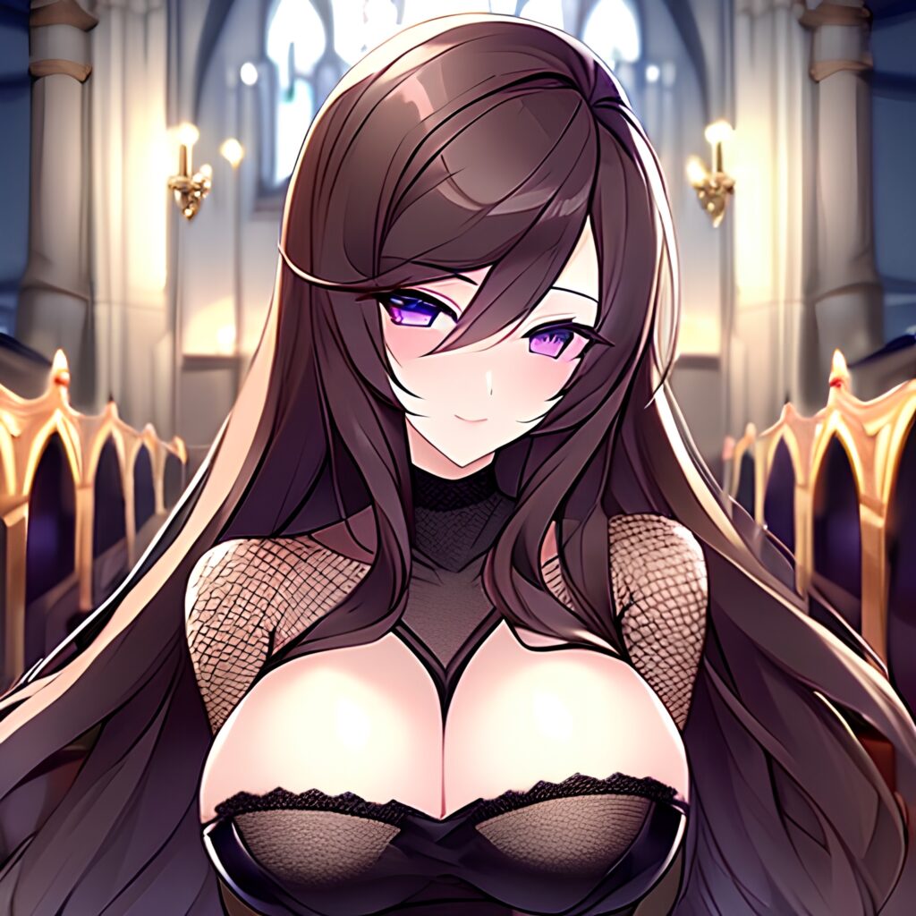 woman fishnet long hair church messy hair brunette 