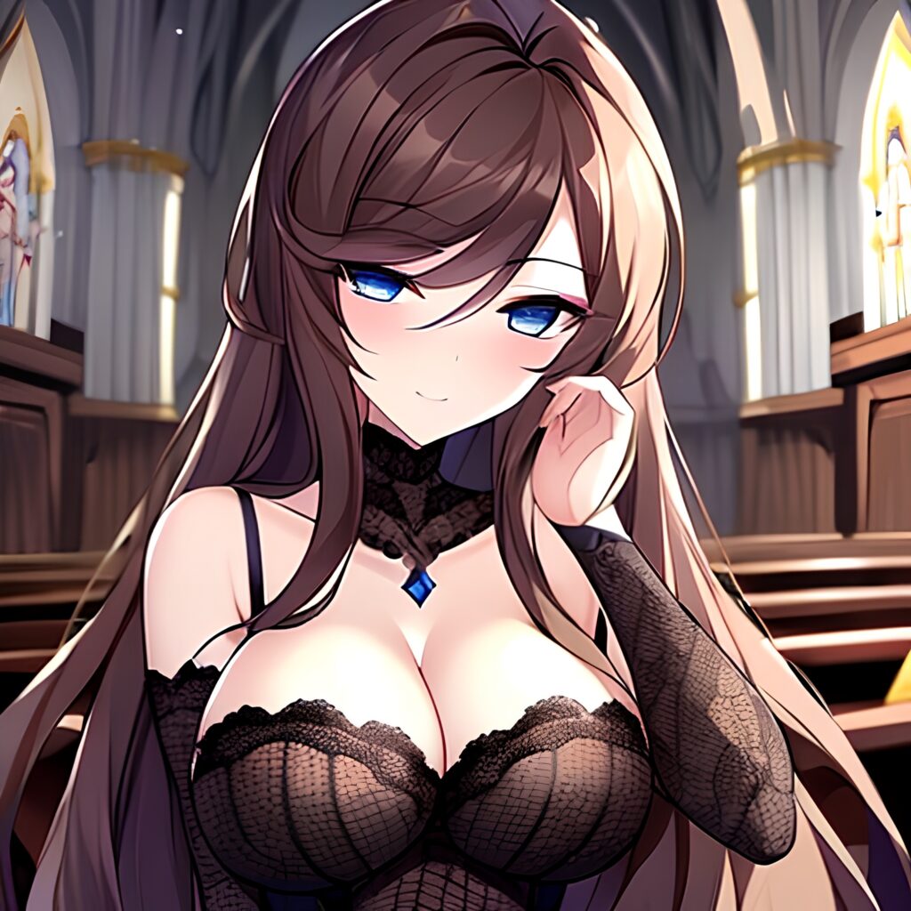 woman fishnet long hair church messy hair brunette 