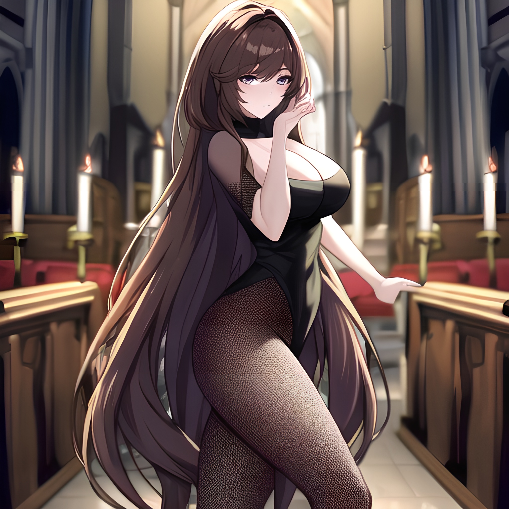 woman fishnet long hair messy hair church brunette 