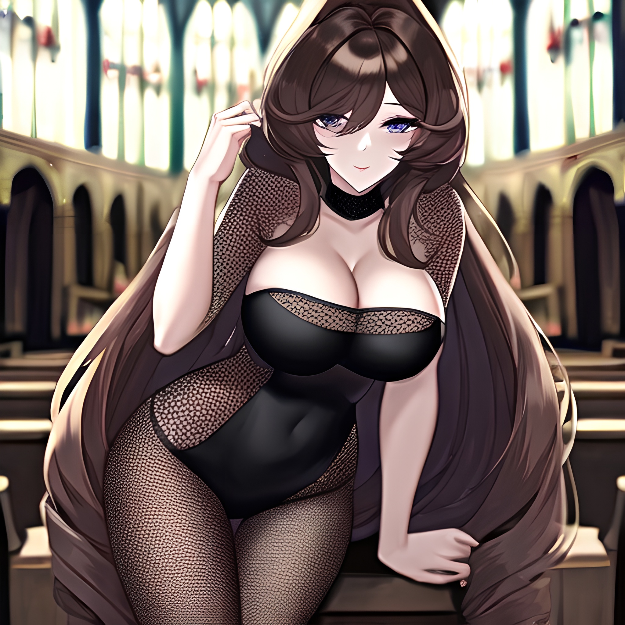woman fishnet messy hair brunette church long hair 
