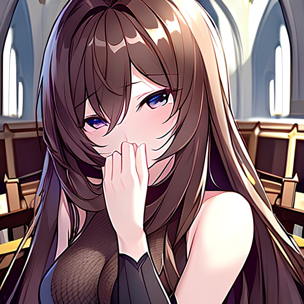 woman fishnet messy hair brunette church long hair 