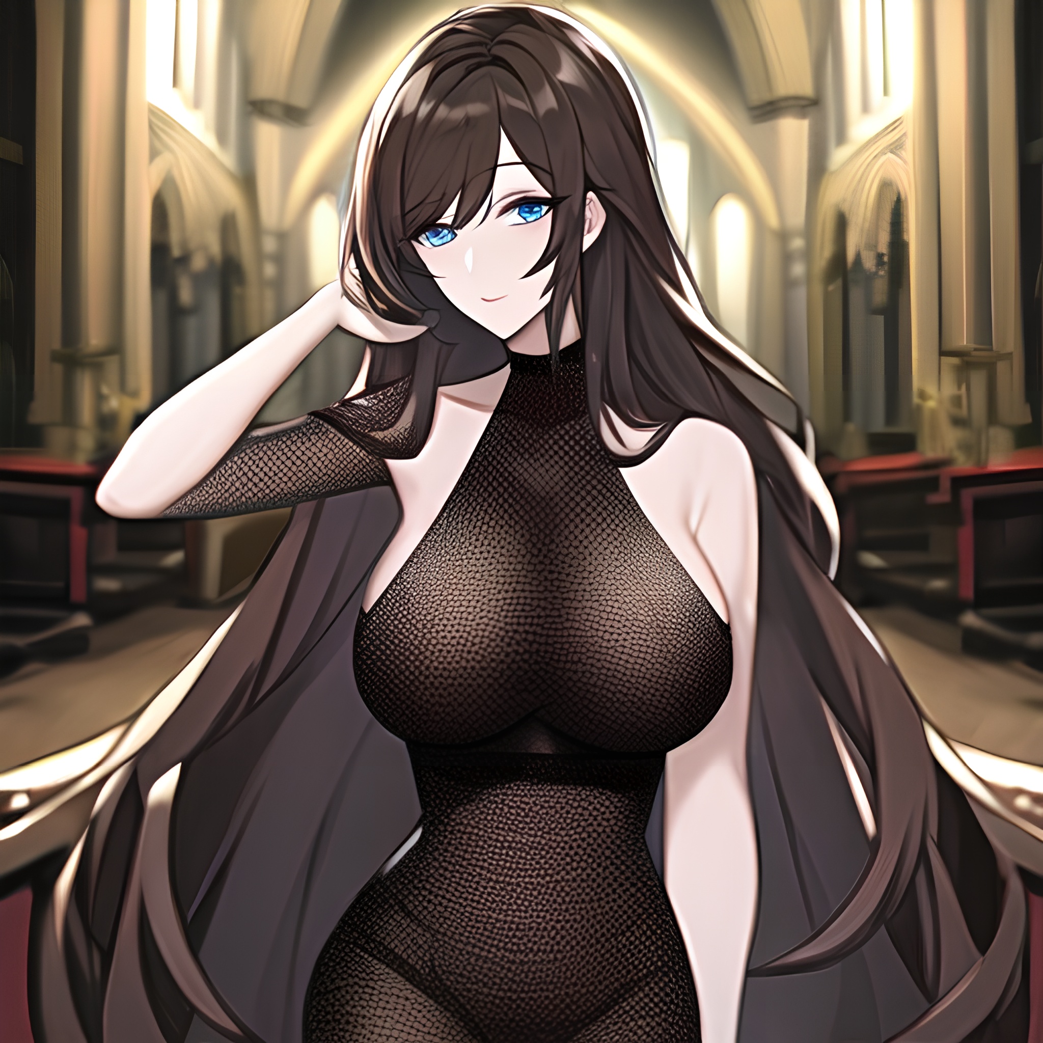 woman fishnet messy hair brunette church long hair 