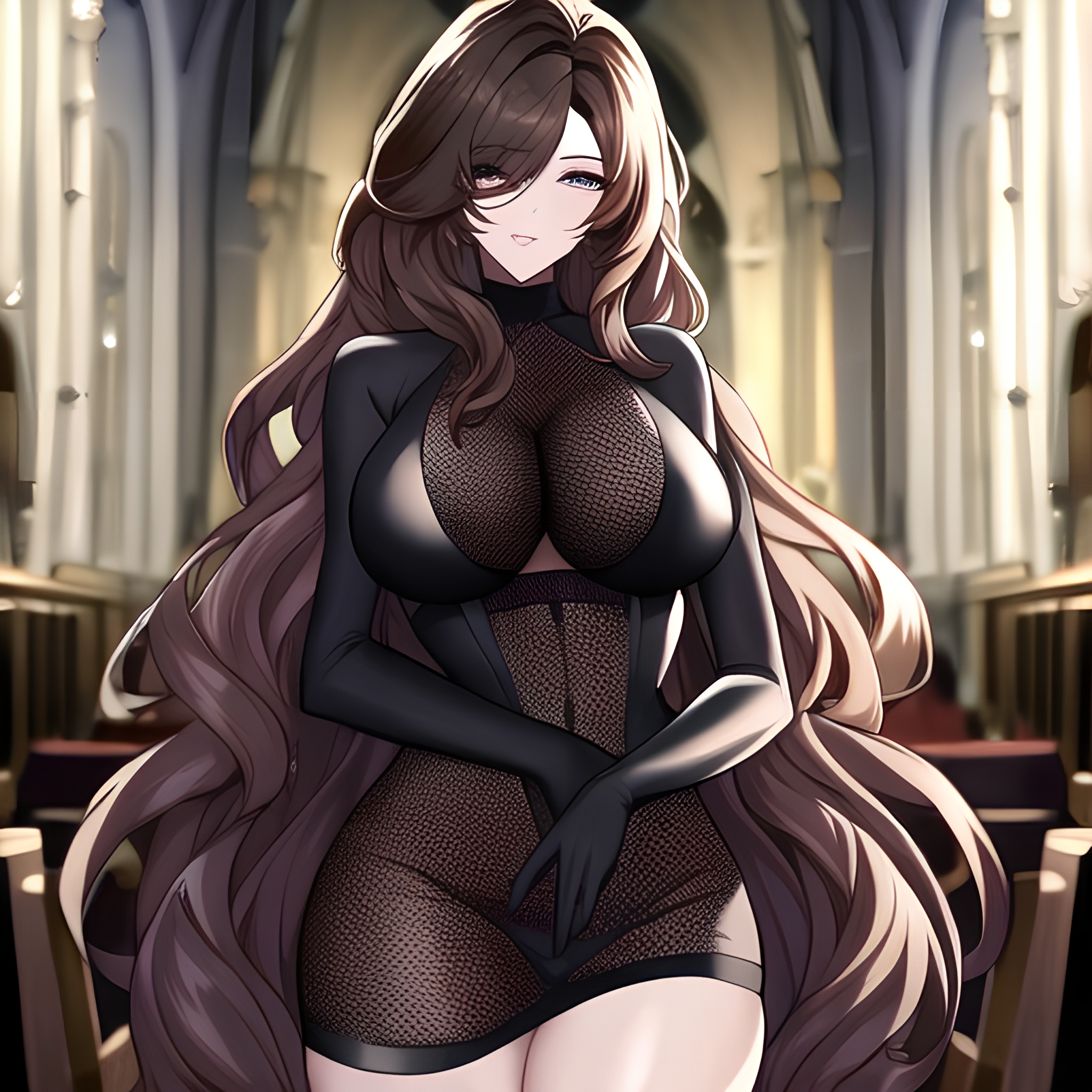 woman fishnet messy hair brunette long hair church 