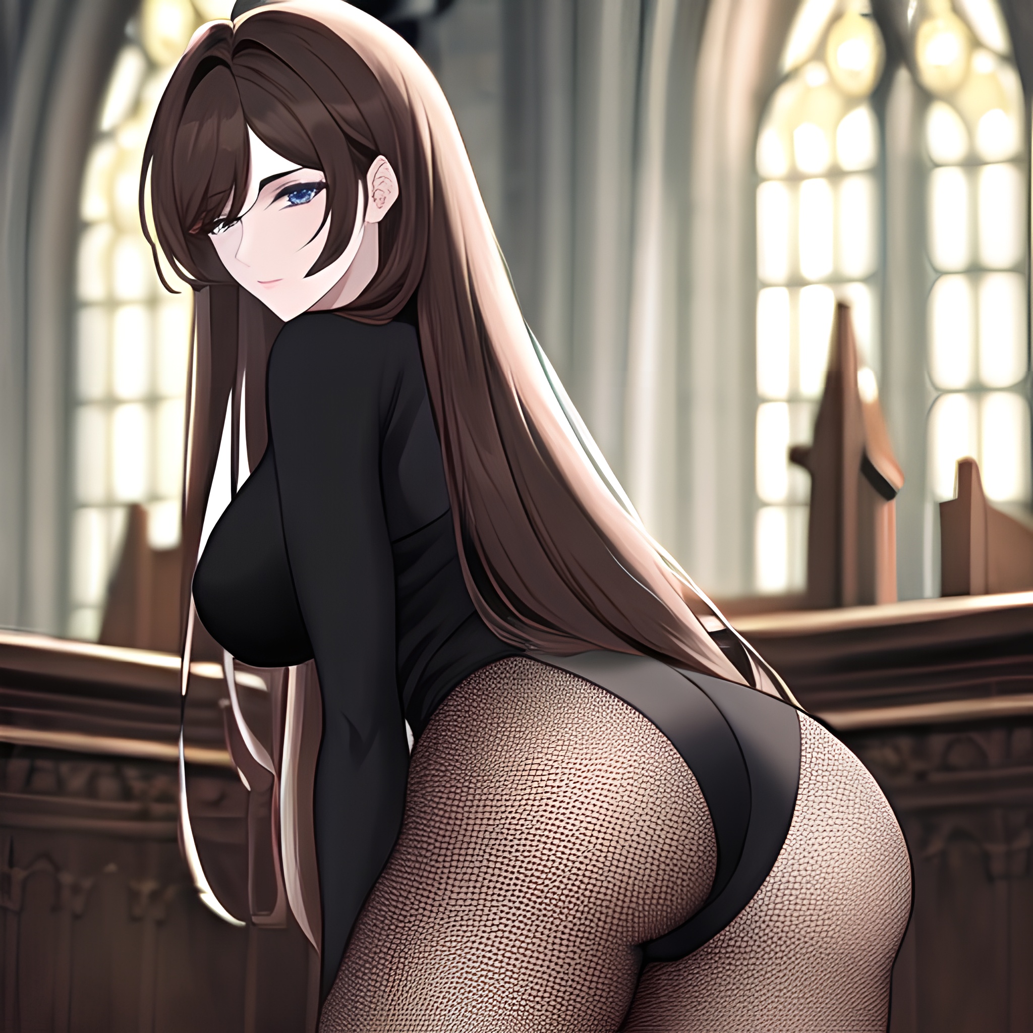 woman fishnet messy hair church brunette long hair 