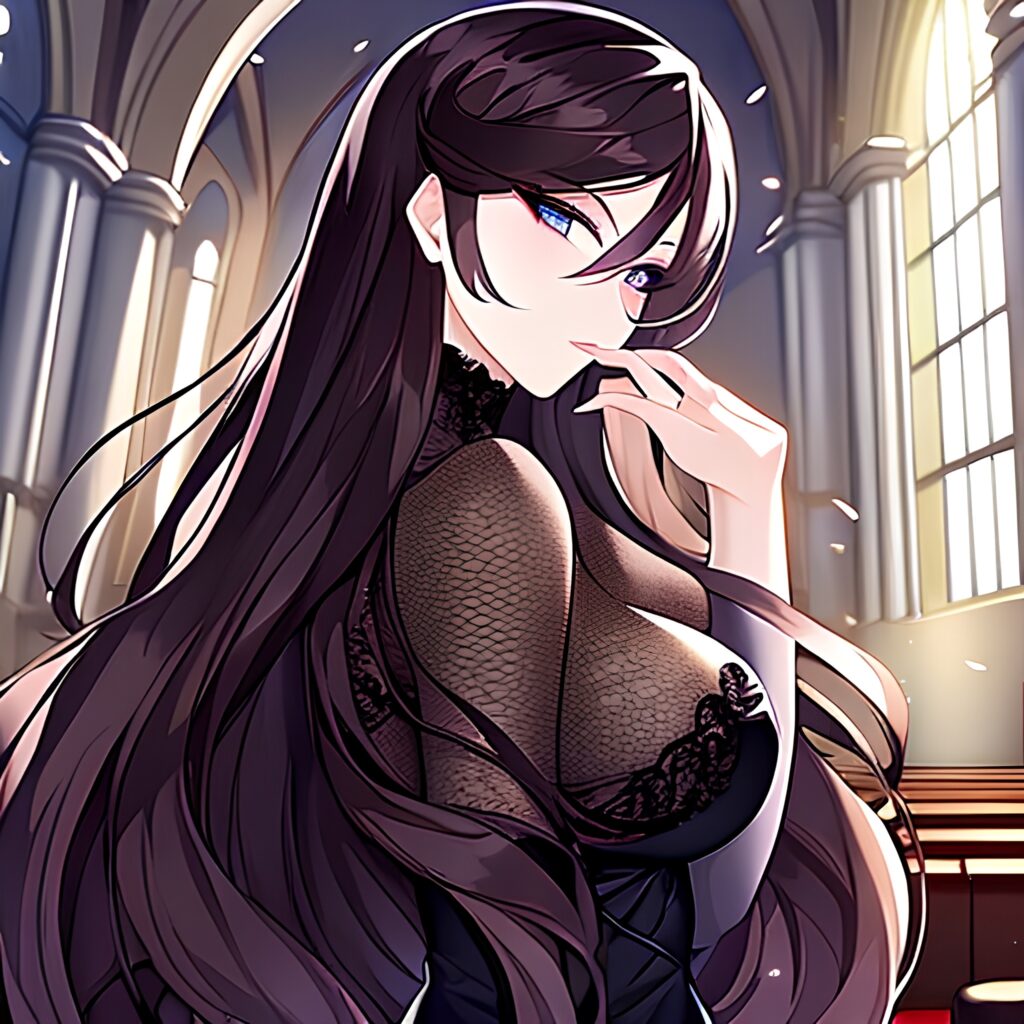 woman fishnet messy hair church brunette long hair 