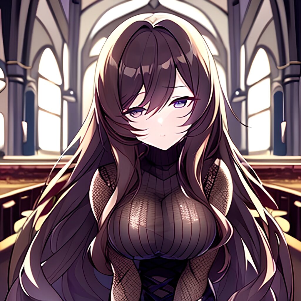 woman fishnet messy hair church long hair brunette 