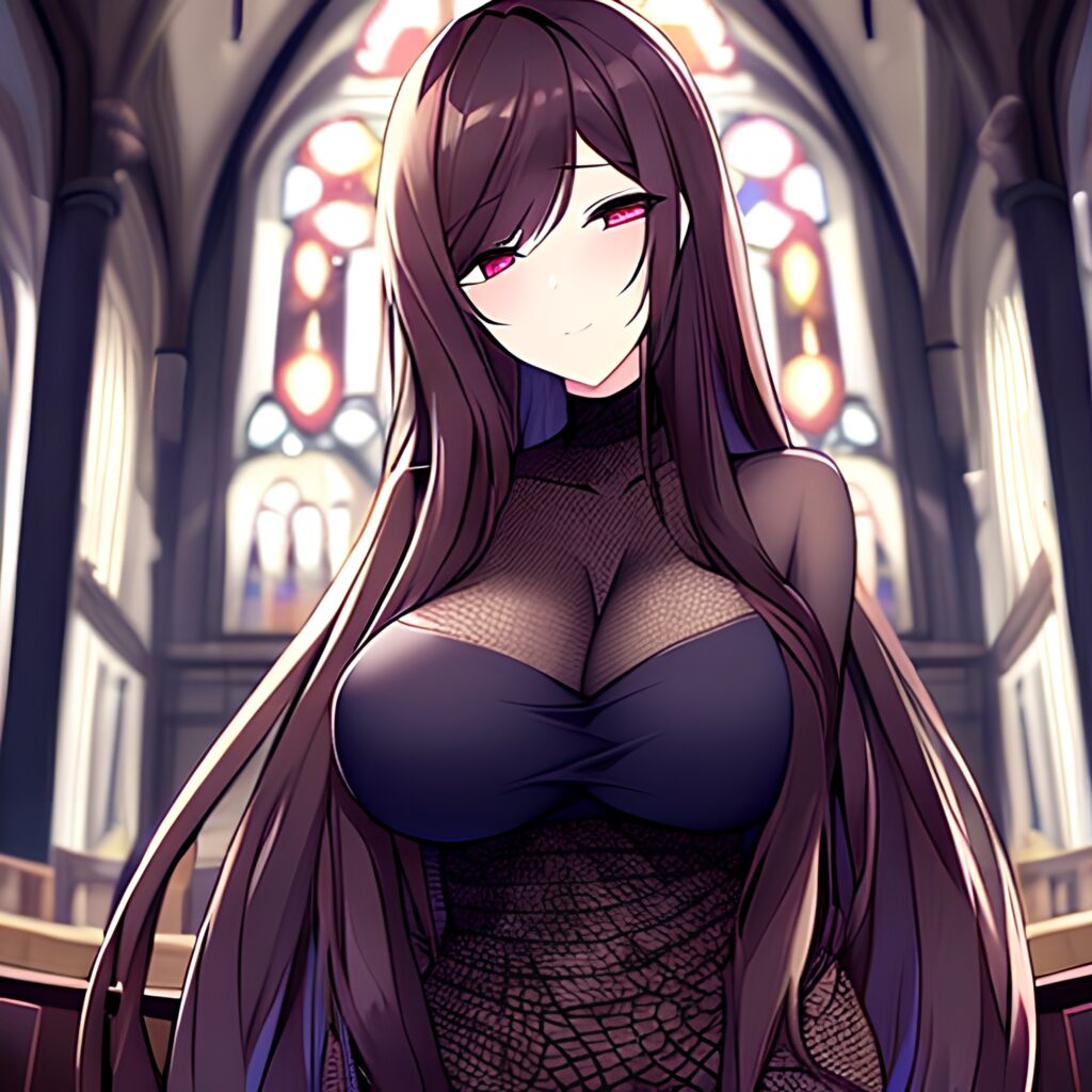 woman fishnet messy hair long hair brunette church 