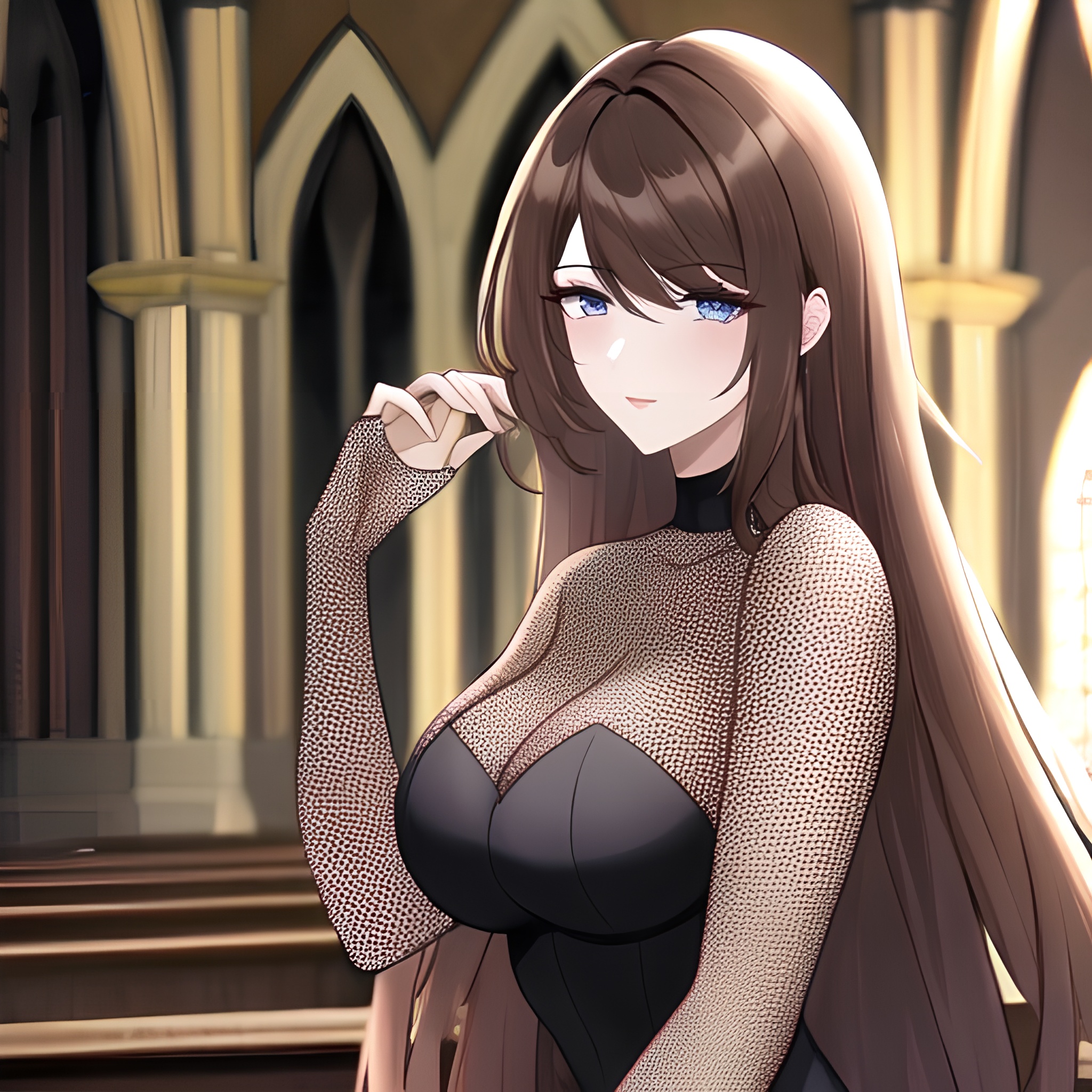 woman fishnet messy hair long hair brunette church 