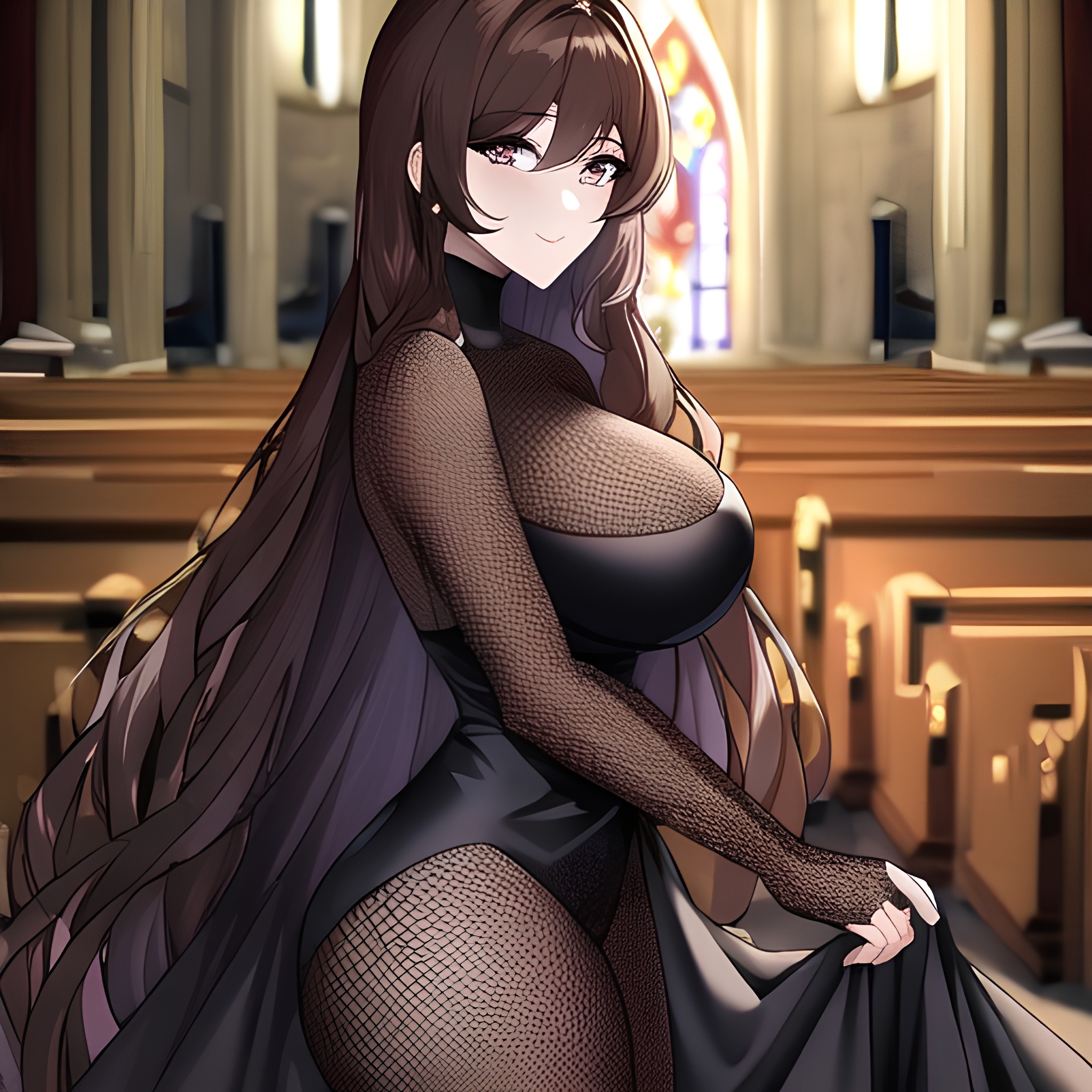woman fishnet messy hair long hair church brunette 