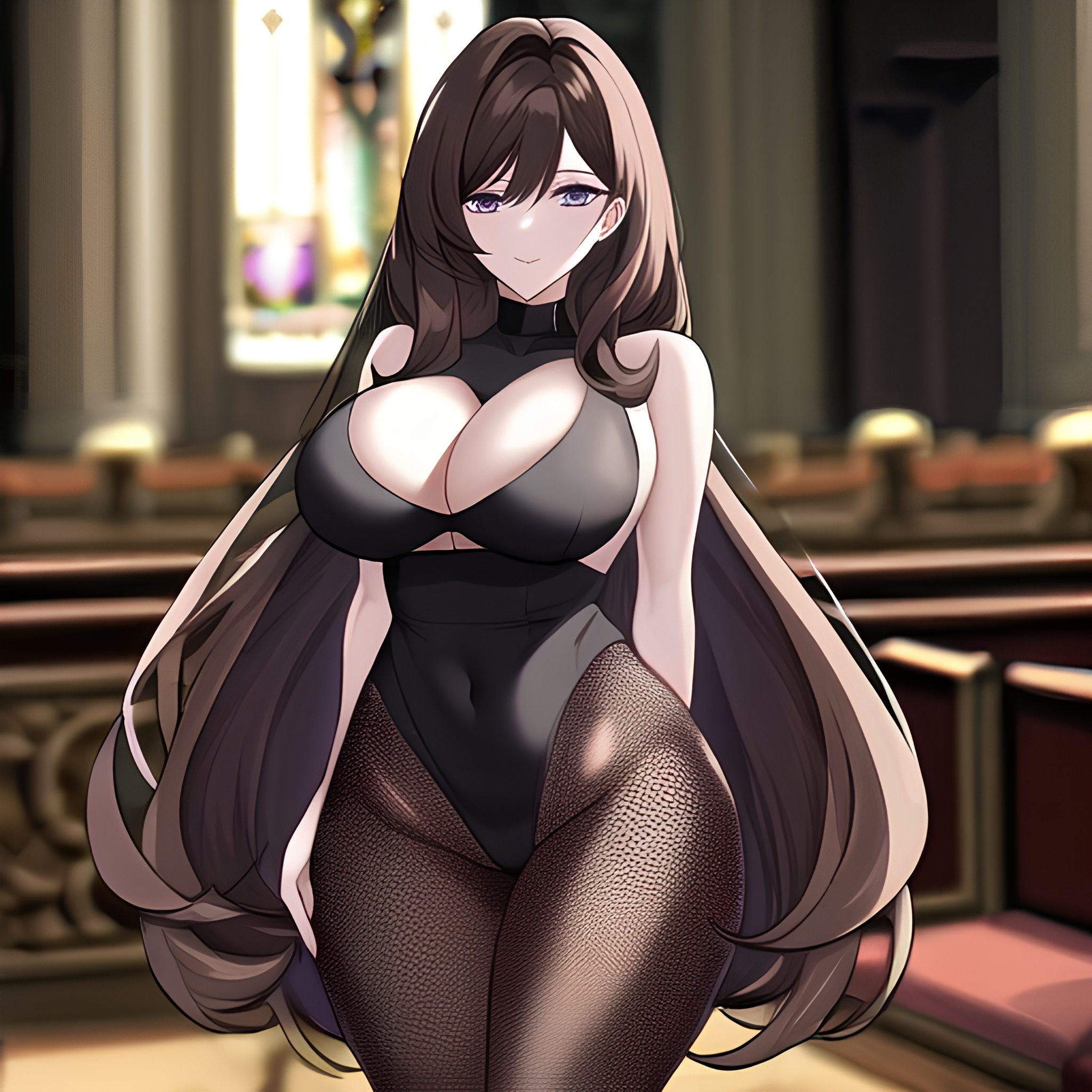 woman fishnet messy hair long hair church brunette 