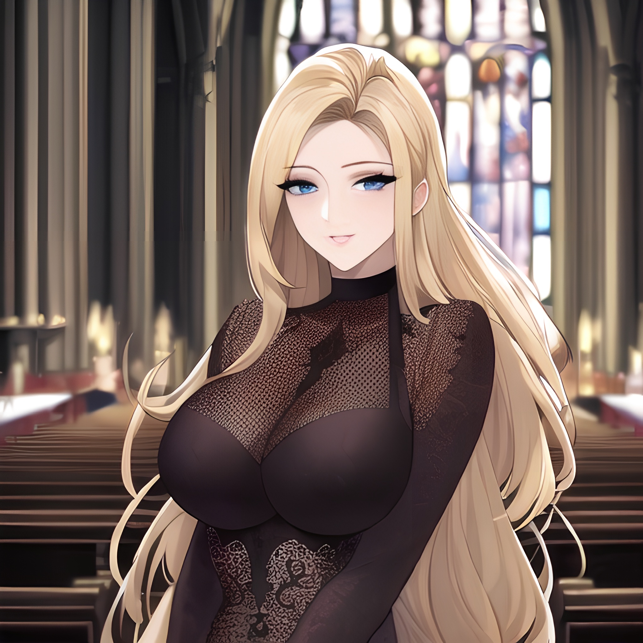 woman fishnet nude blonde long hair front view small boobs church 