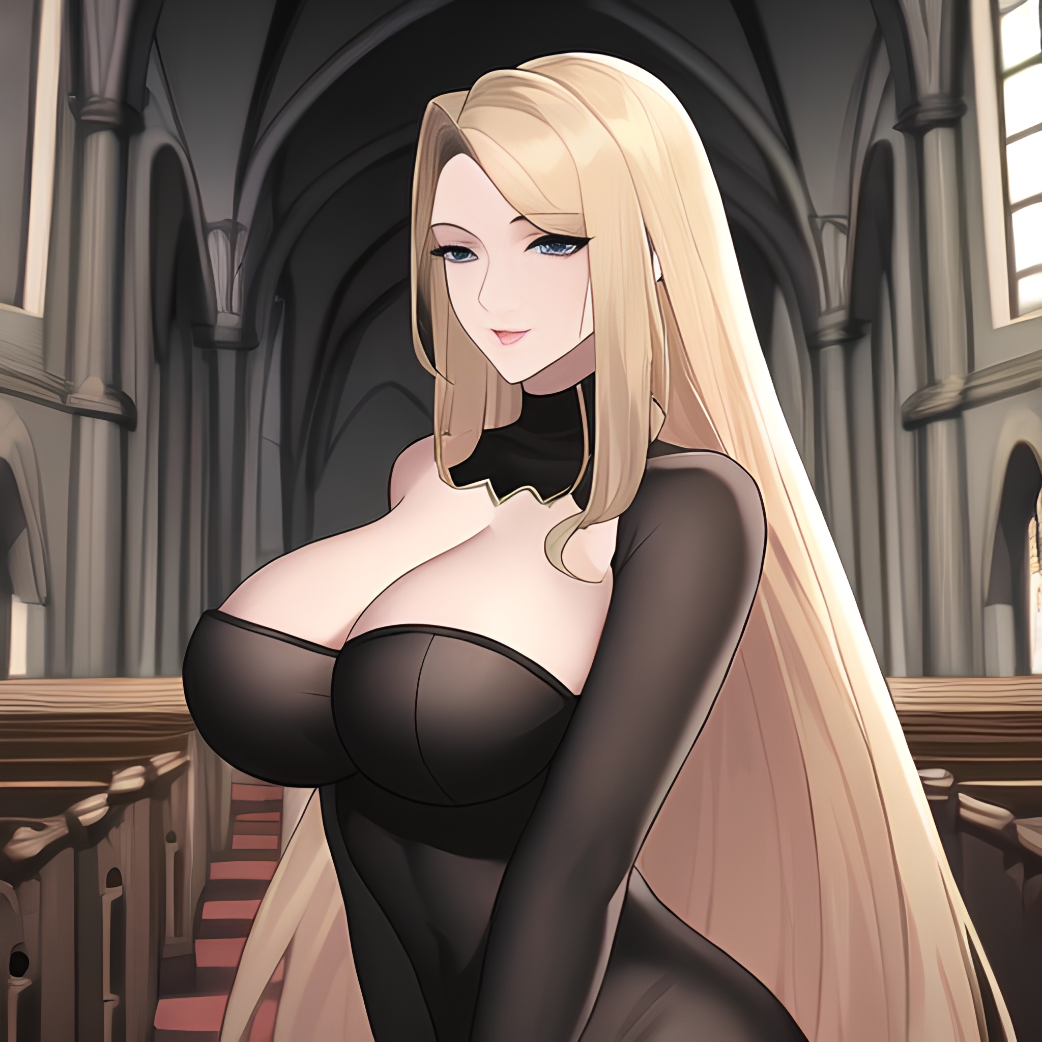 woman fishnet nude long hair church small boobs blonde front view 