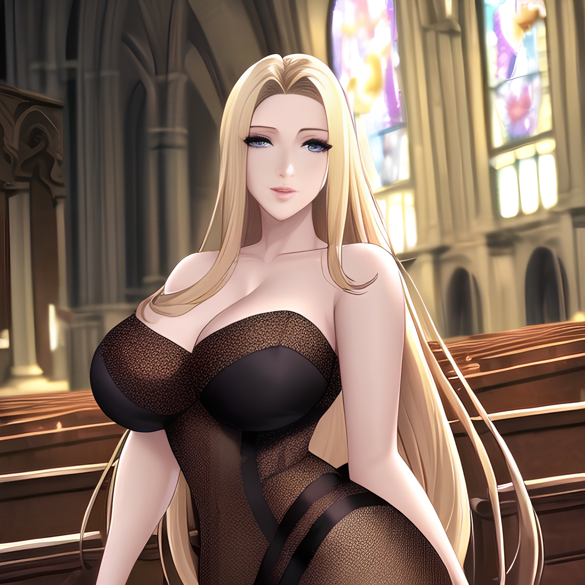 woman fishnet small boobs front view blonde nude long hair church 