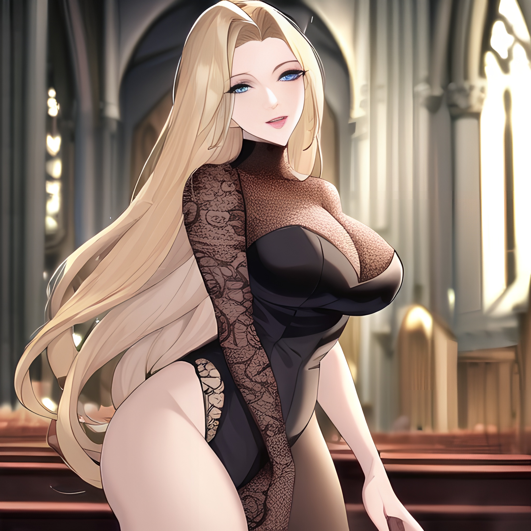 woman front view blonde church long hair small boobs fishnet nude 