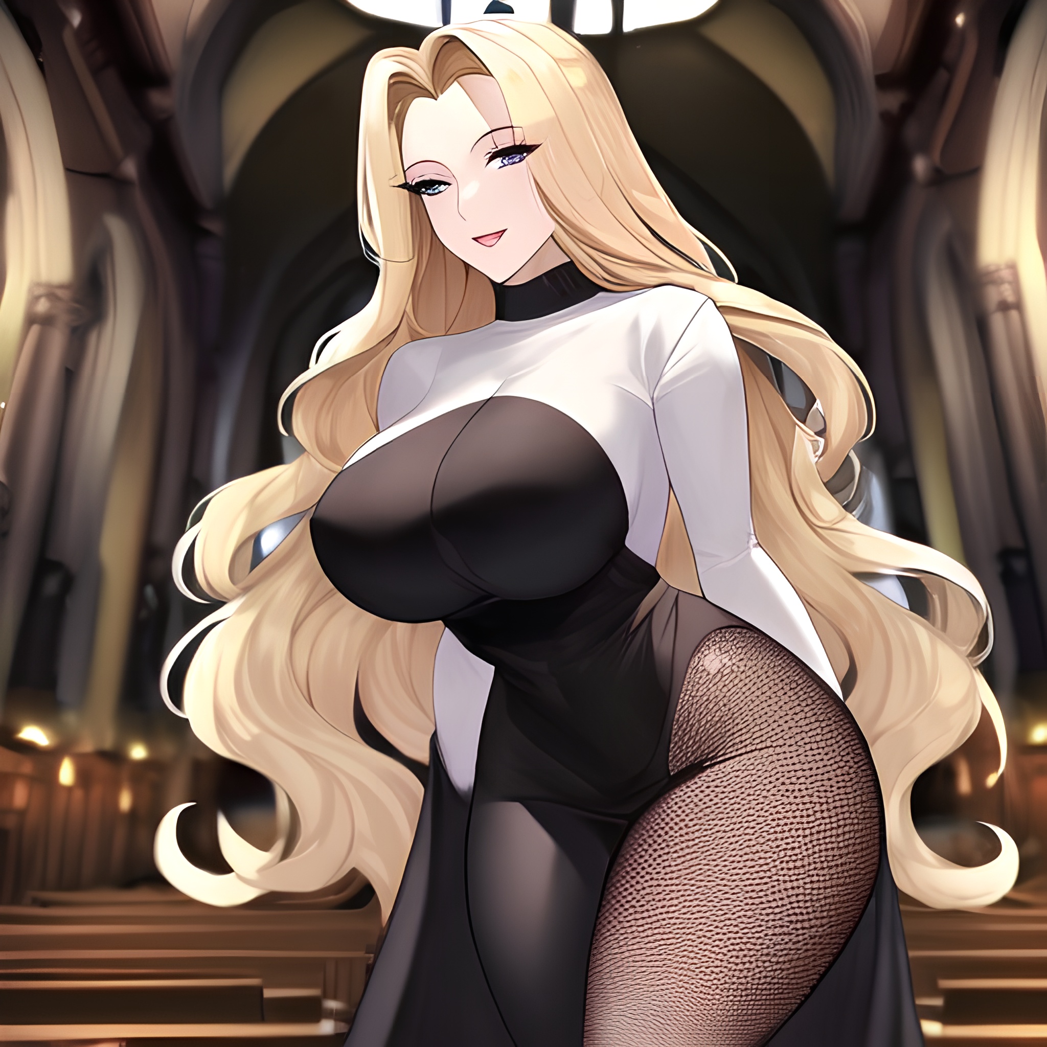 woman front view blonde fishnet church long hair small boobs nude
