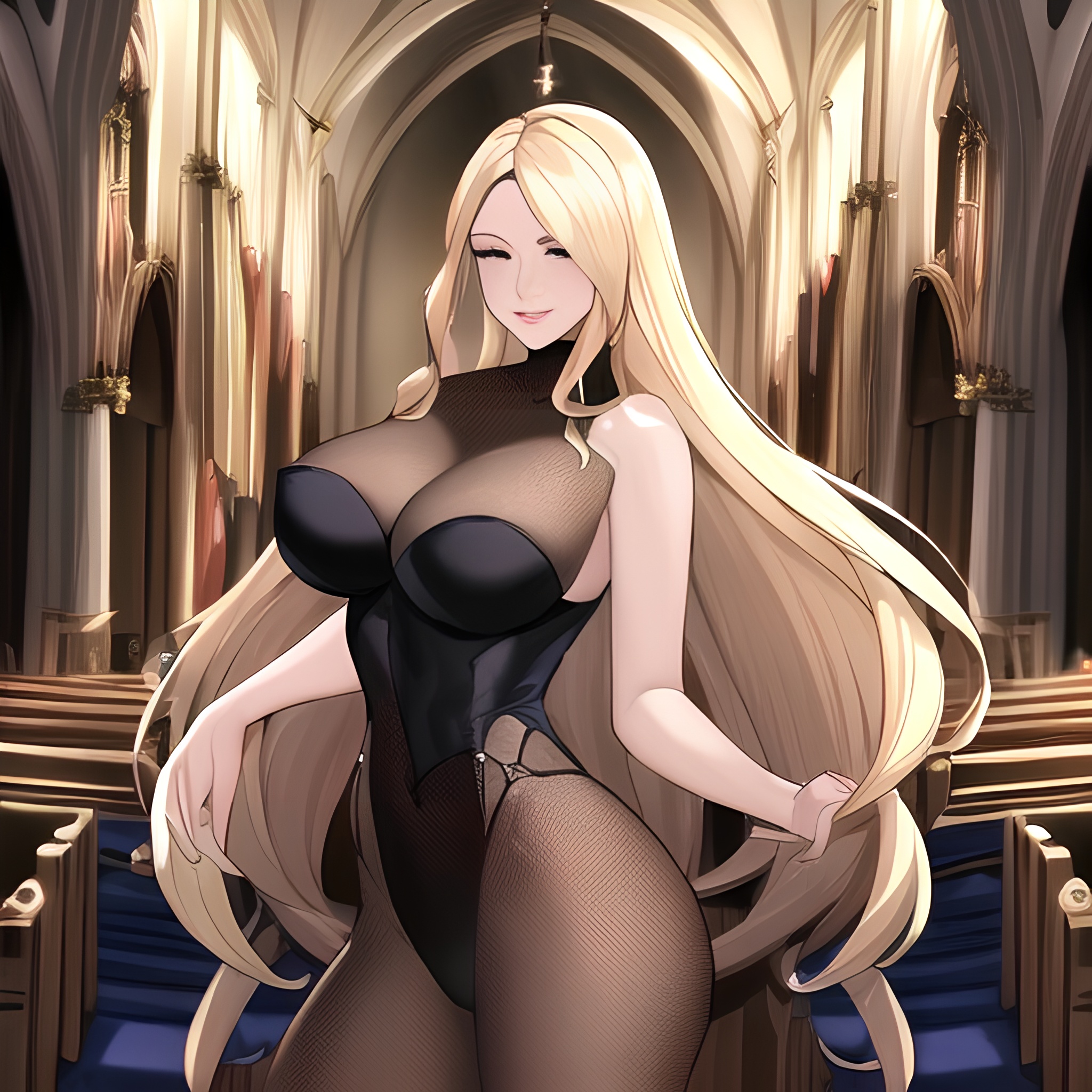 woman front view church blonde long hair small boobs nude fishnet 