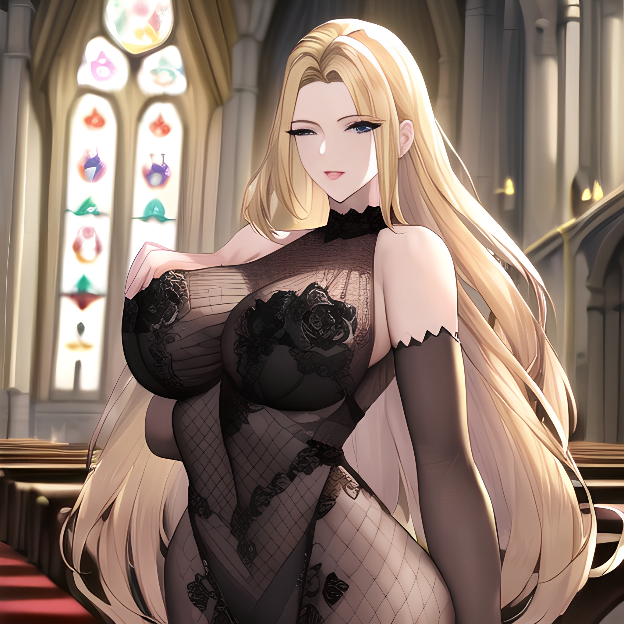 woman front view church blonde nude long hair fishnet small boobs 