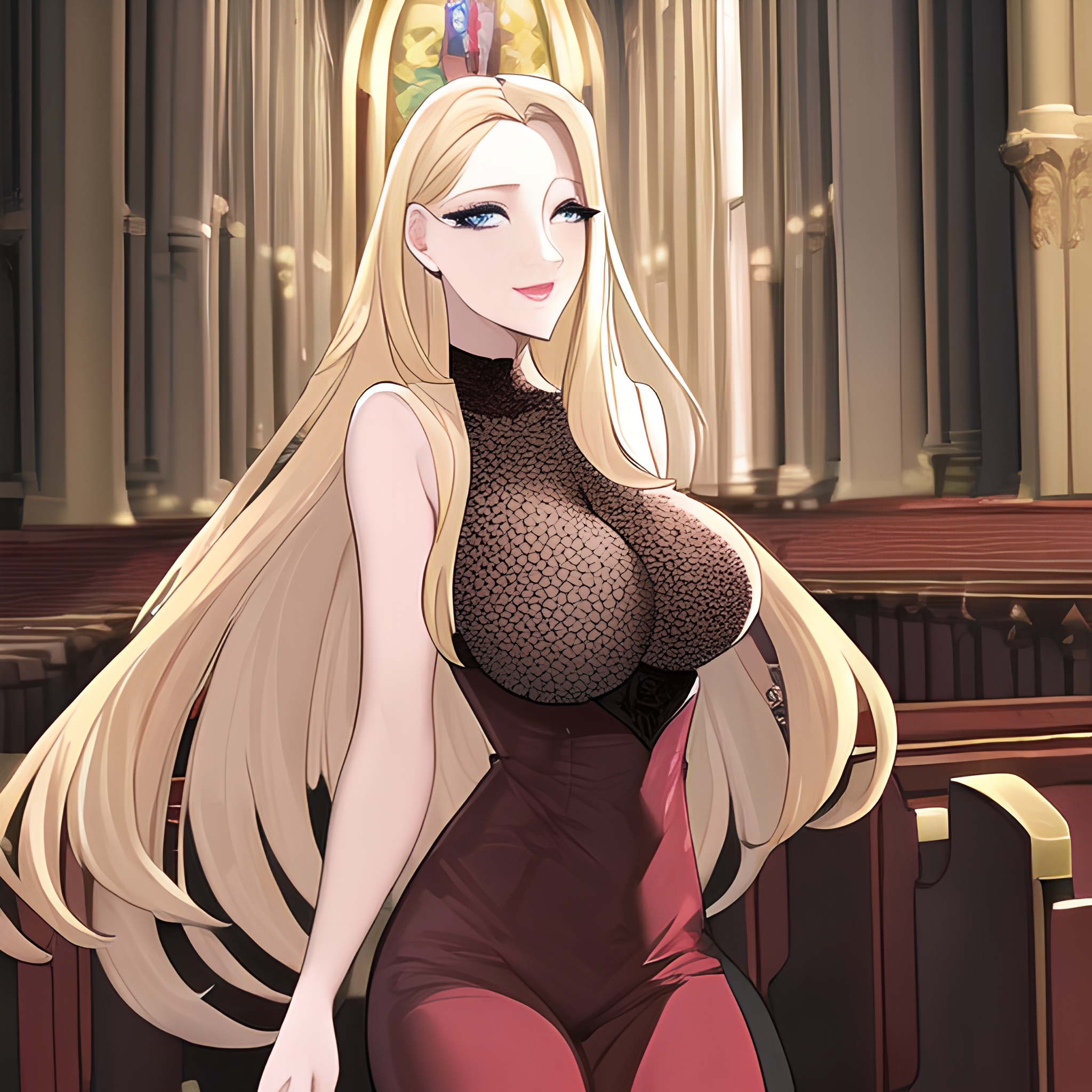 woman front view church blonde small boobs long hair fishnet nude