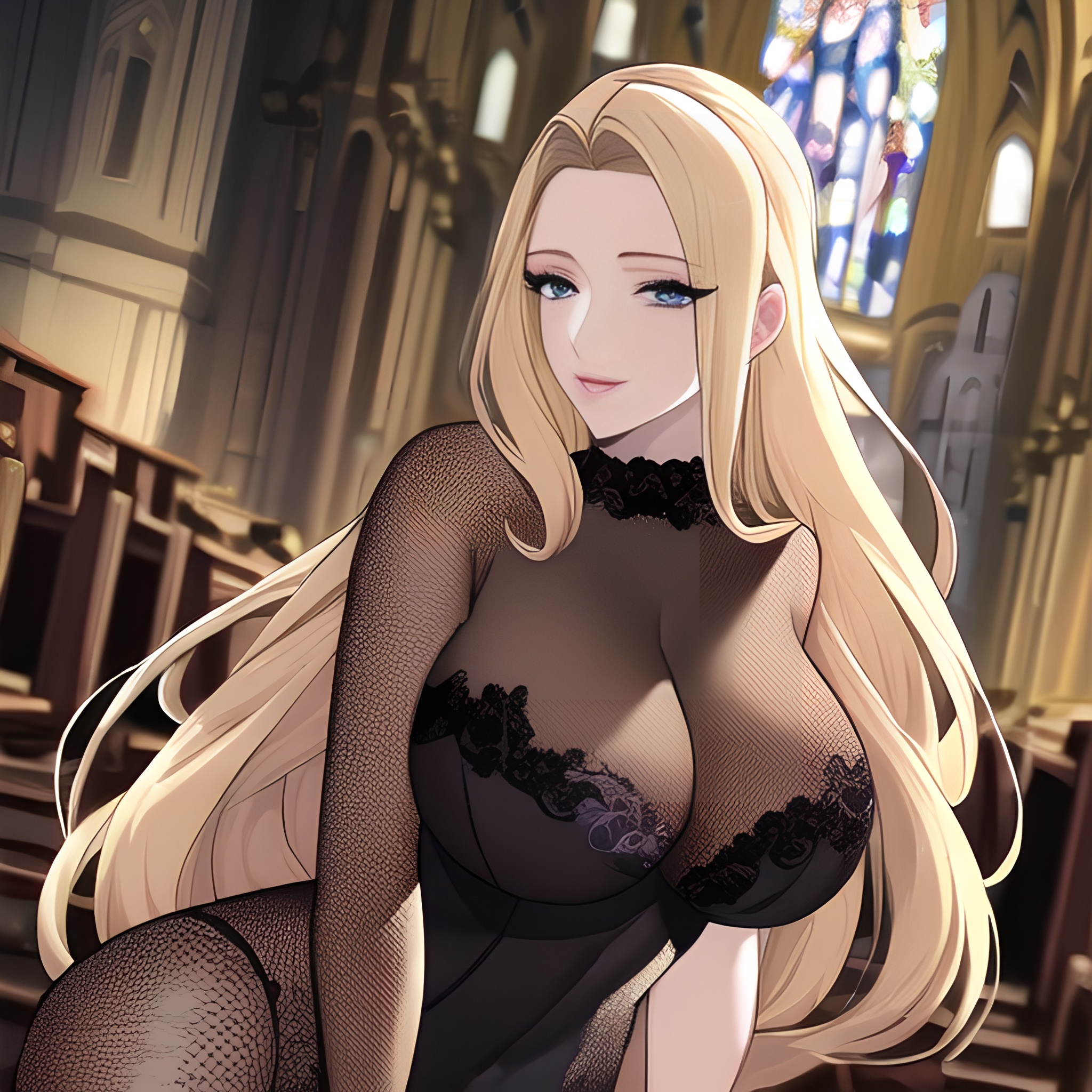 woman front view church fishnet nude long hair blonde small boobs 