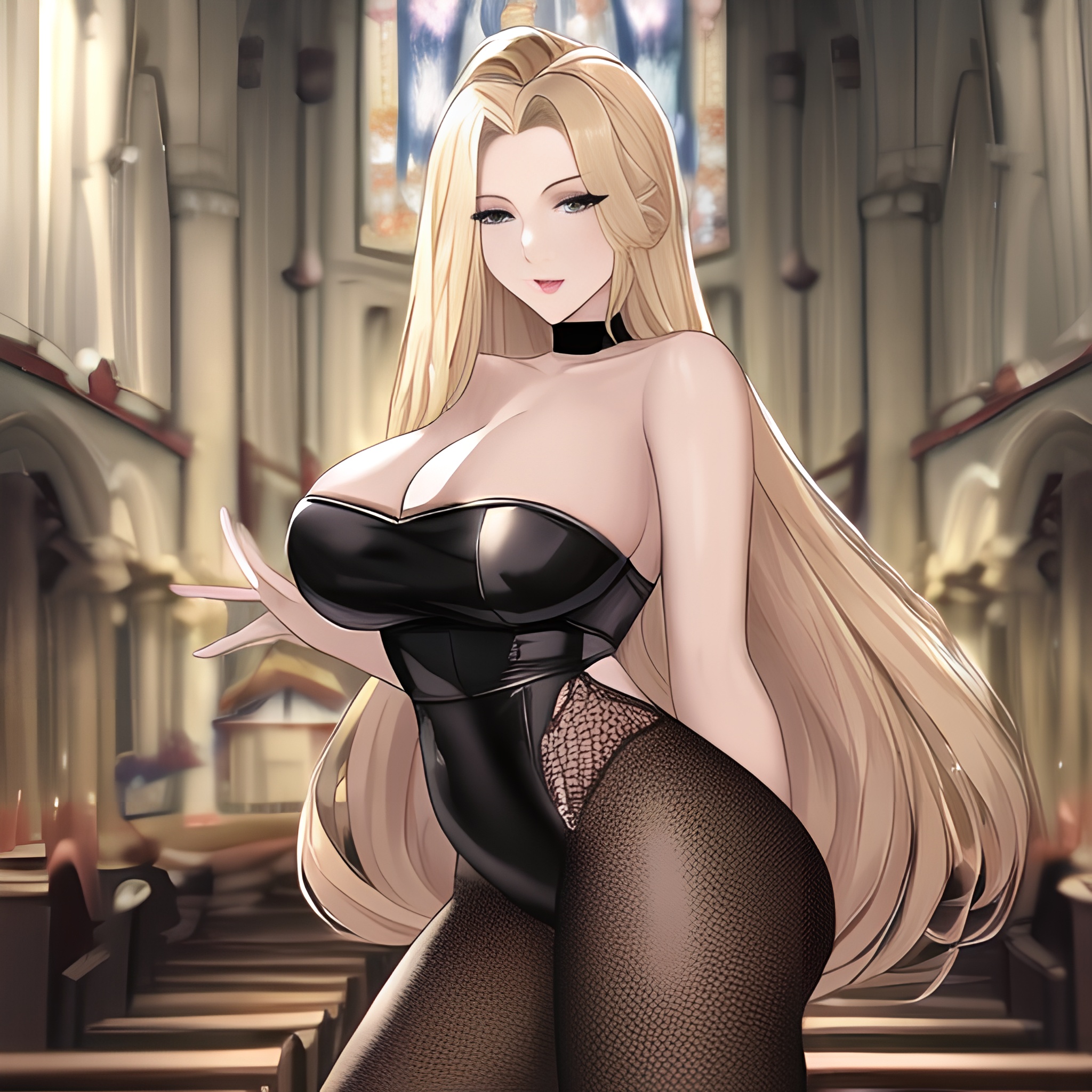 woman front view church nude long hair fishnet small boobs blonde 