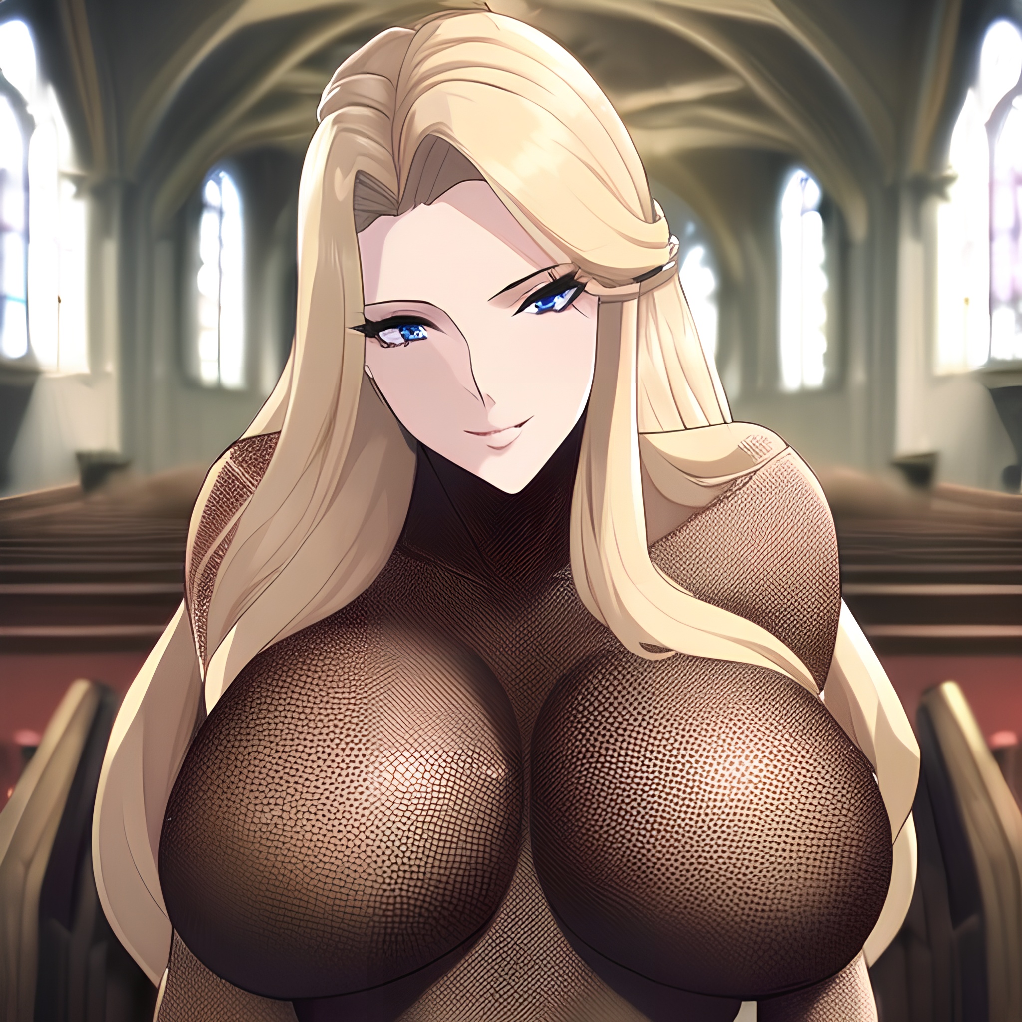 woman front view church small boobs long hair nude blonde fishnet 