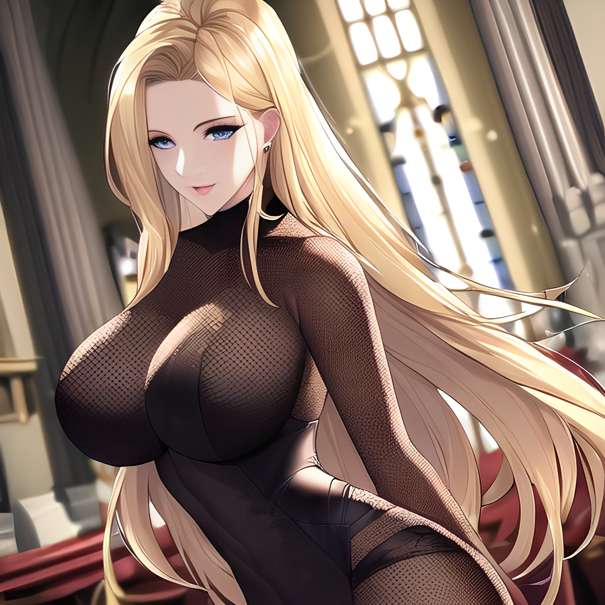 woman front view fishnet nude blonde church small boobs long hair 