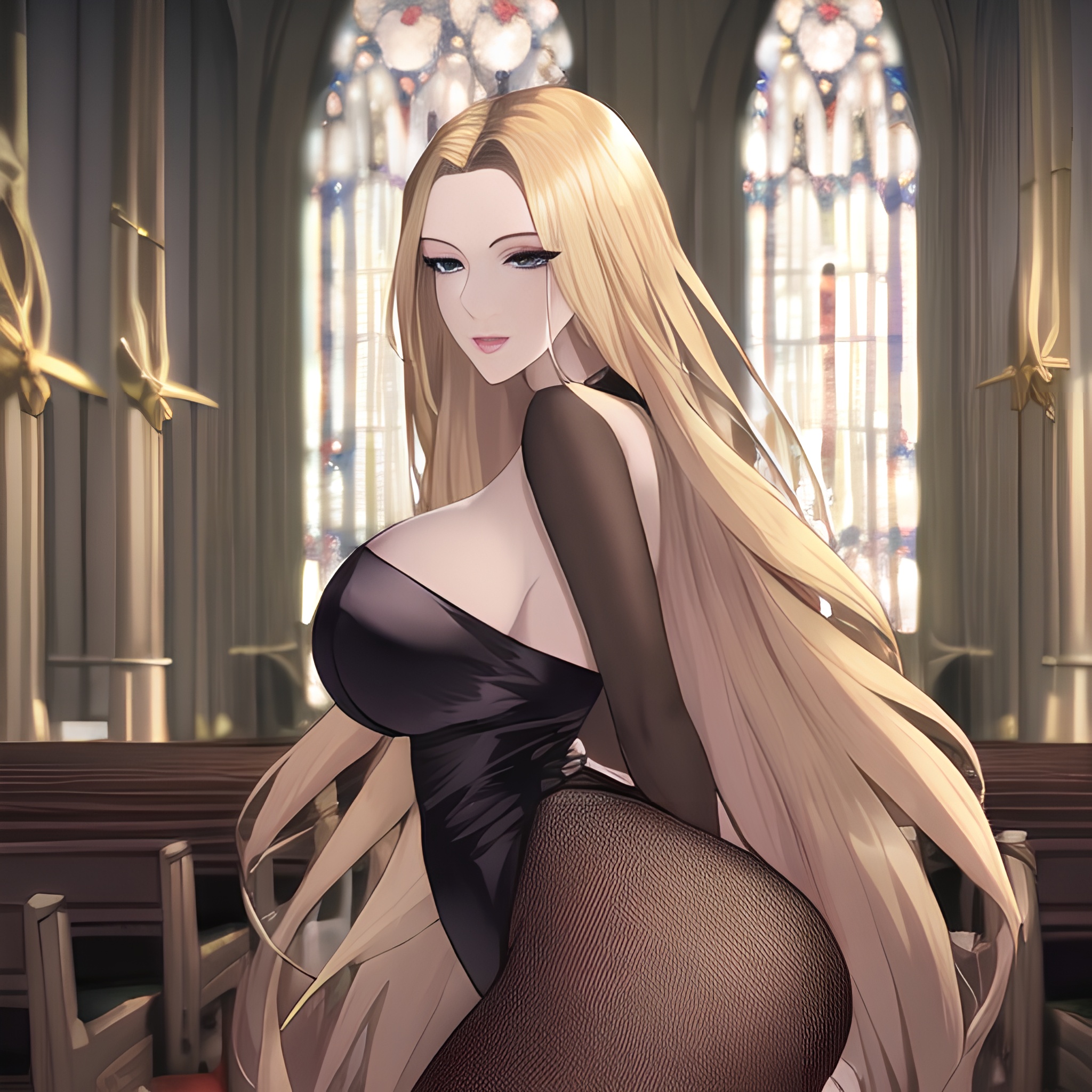 woman front view long hair blonde church small boobs fishnet nude 