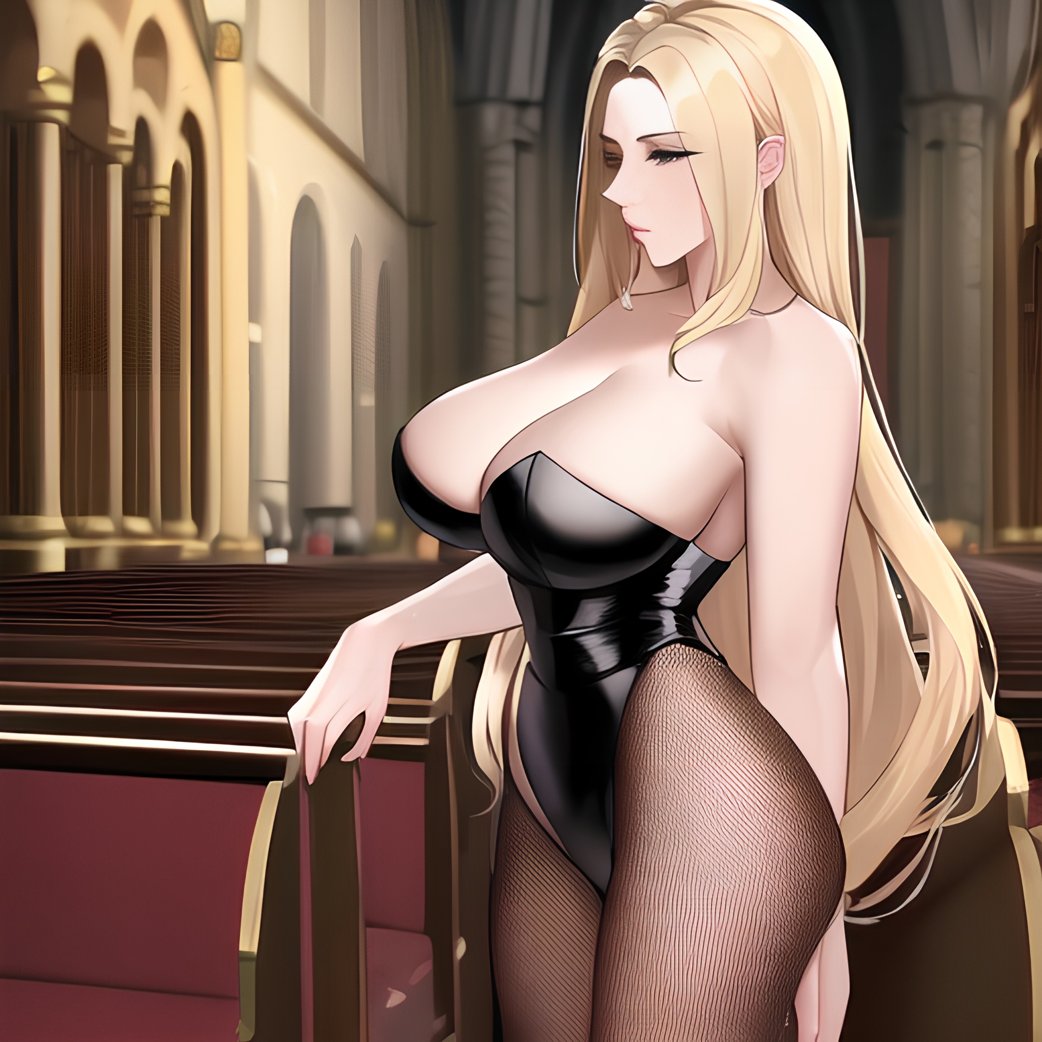woman front view long hair small boobs blonde fishnet nude church 