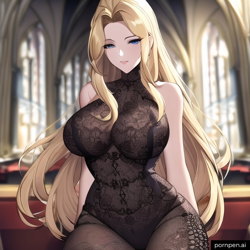 woman front view nude long hair blonde fishnet small boobs church