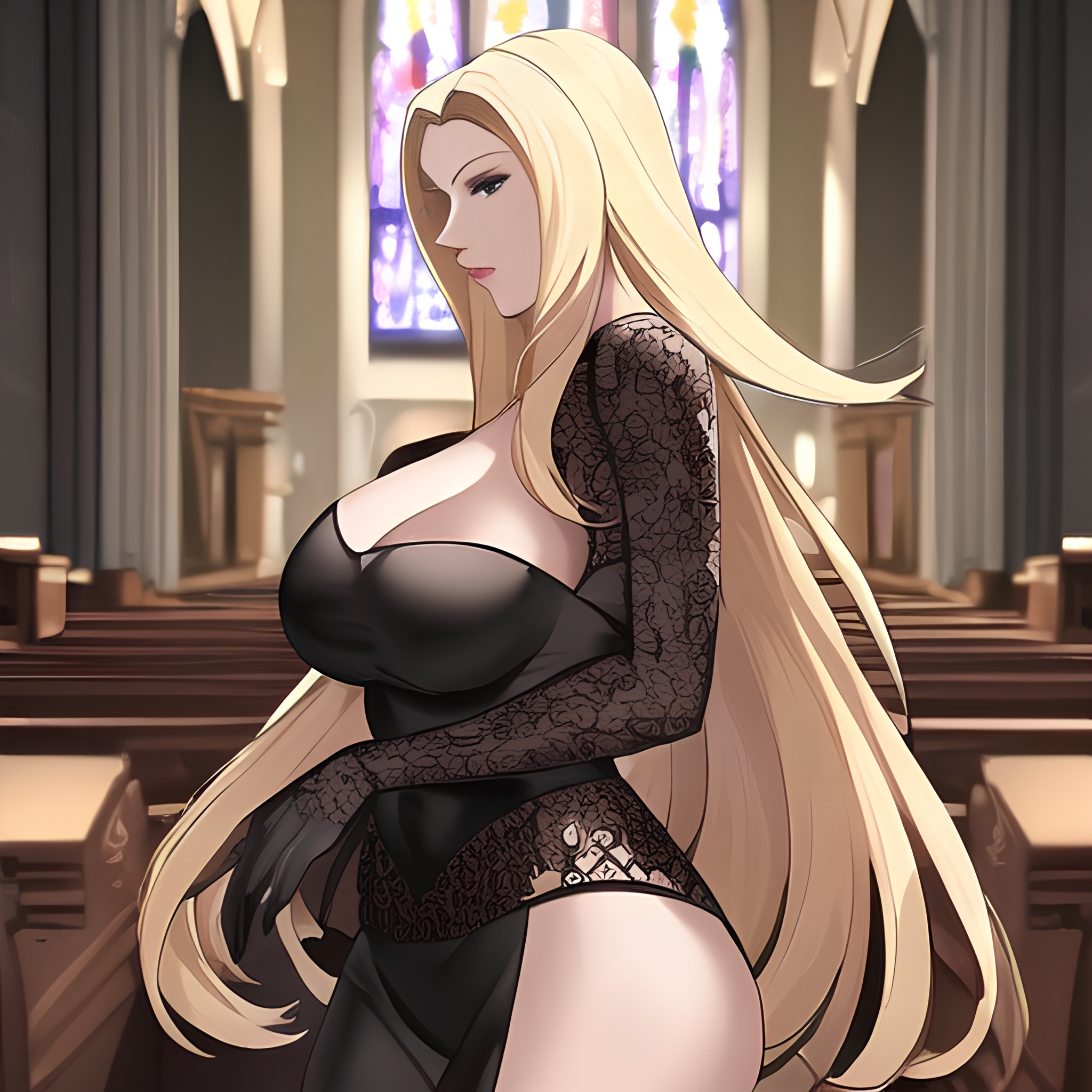 woman front view nude long hair church fishnet blonde small boobs